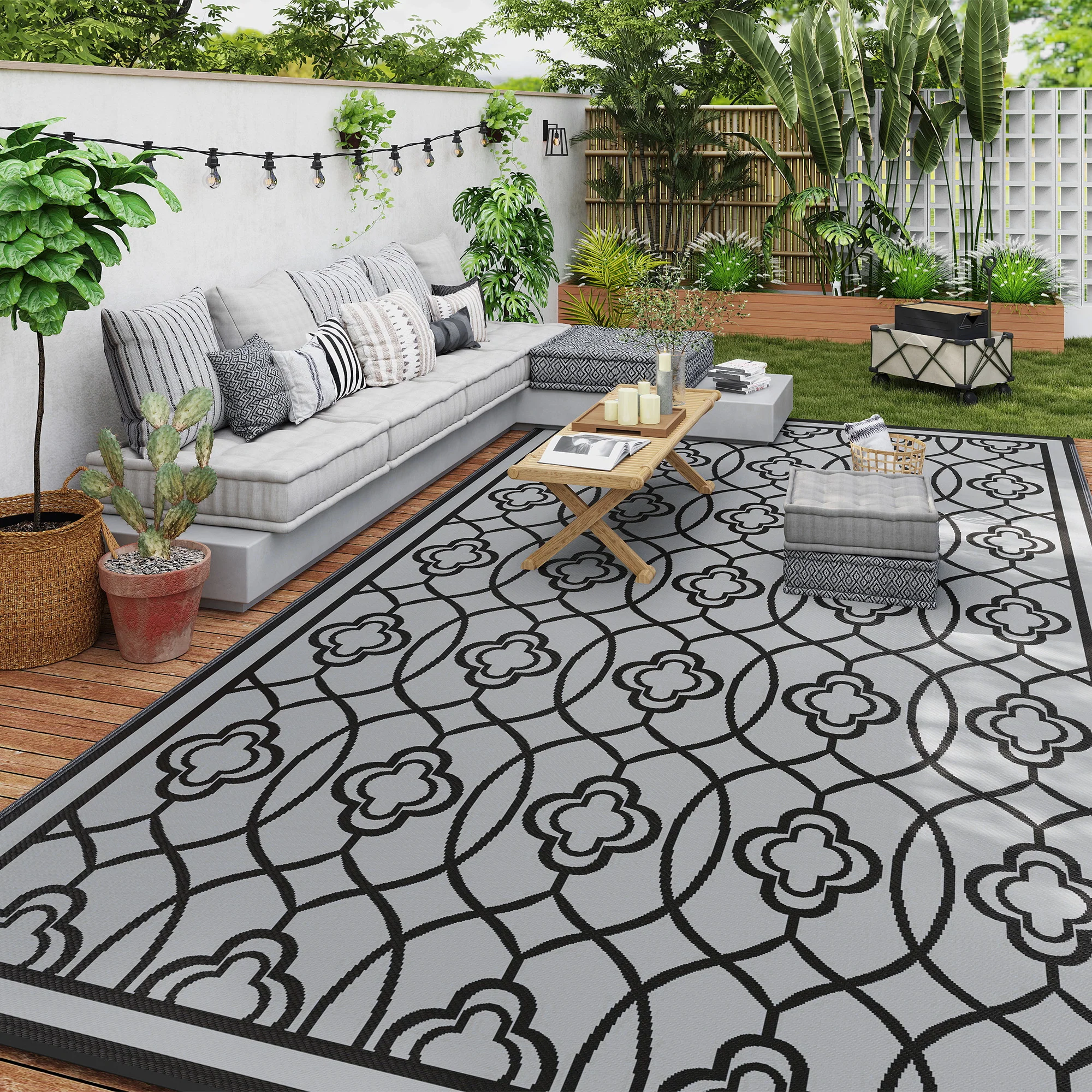 9' x 18' Reversible Waterproof Outdoor Rug Black & Gray - Image 4