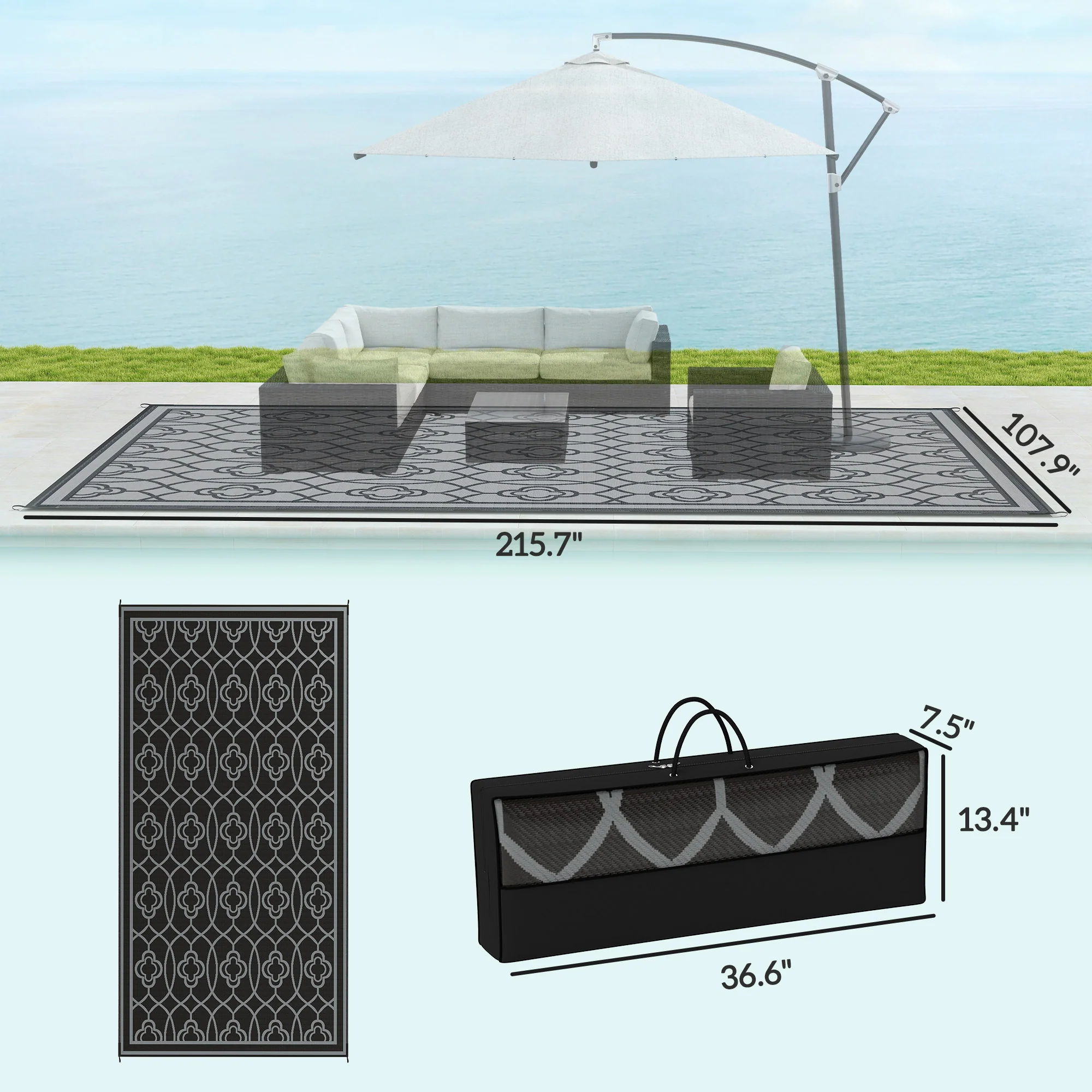 9' x 18' Reversible Waterproof Outdoor Rug Black & Gray - Image 5