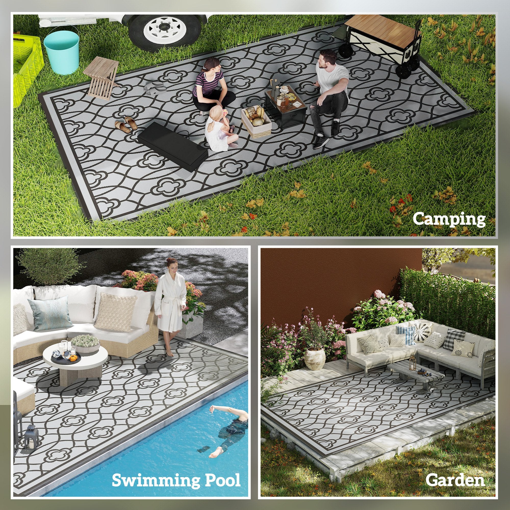 9' x 18' Reversible Waterproof Outdoor Rug Black & Gray - Image 7