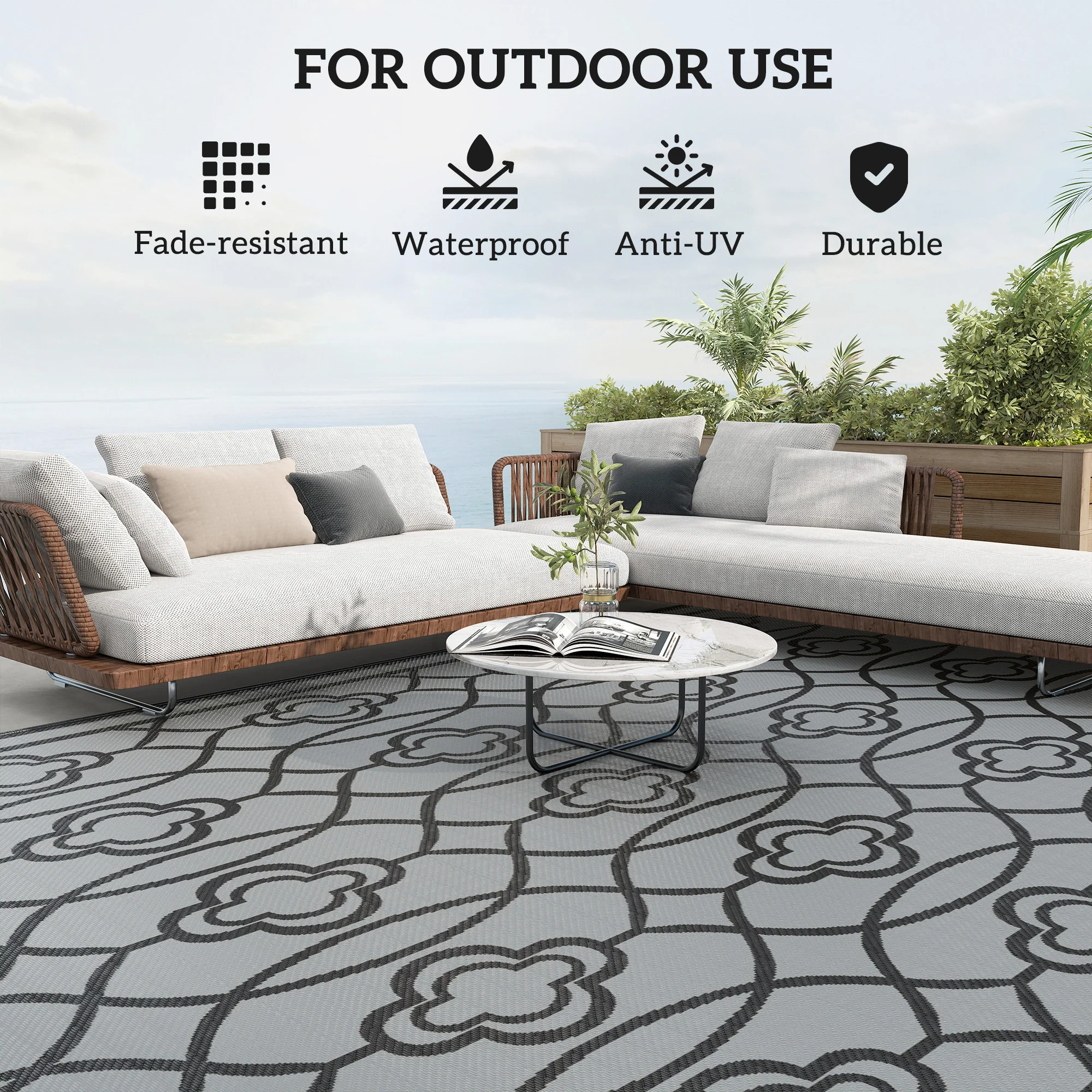 9' x 18' Reversible Waterproof Outdoor Rug Black & Gray - Image 8