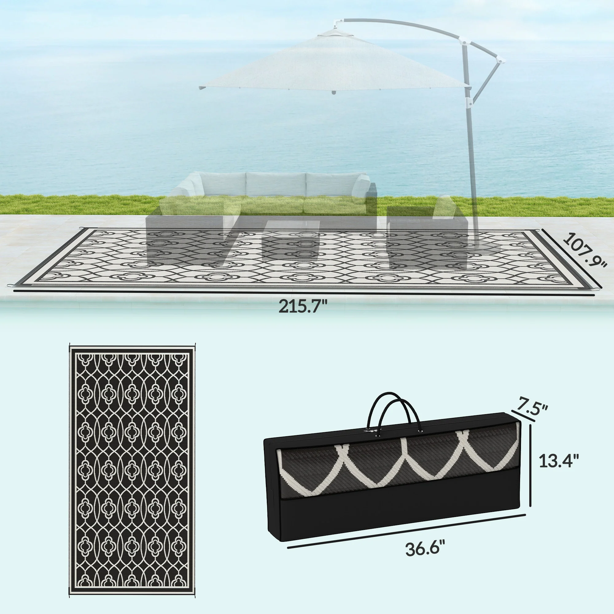 9' x 18' Reversible Outdoor Rug Waterproof Plastic Straw with Carry Bag Black & White Lantern - Image 5