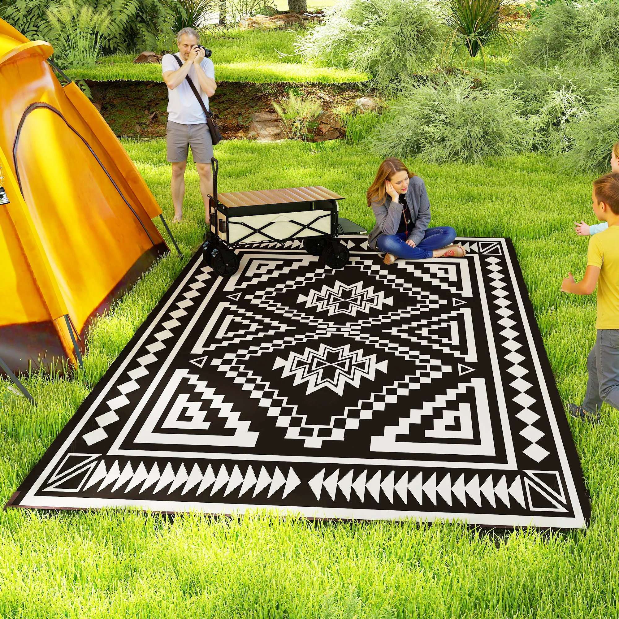 9' x 18' Reversible Waterproof Outdoor Rug with Carry Bag, Black & White Square Patchwork - Image 3