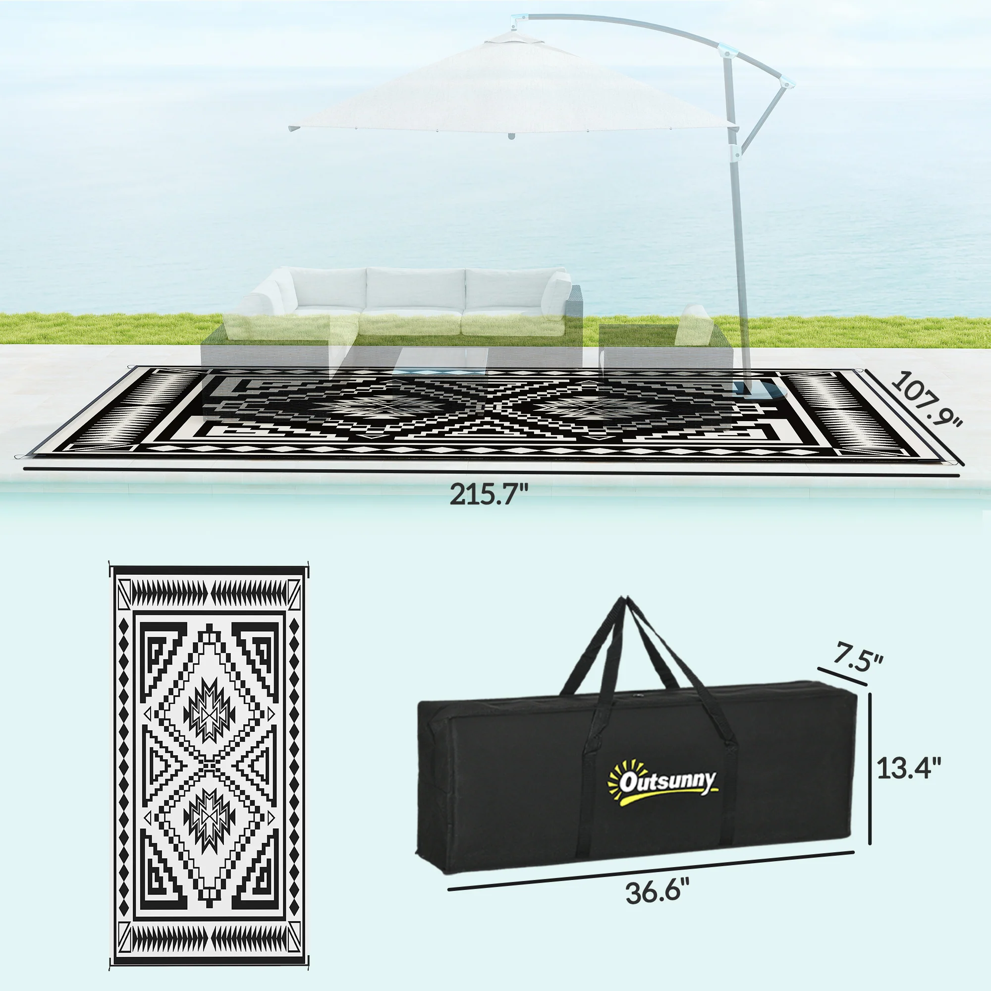 9' x 18' Reversible Waterproof Outdoor Rug with Carry Bag, Black & White Square Patchwork - Image 5