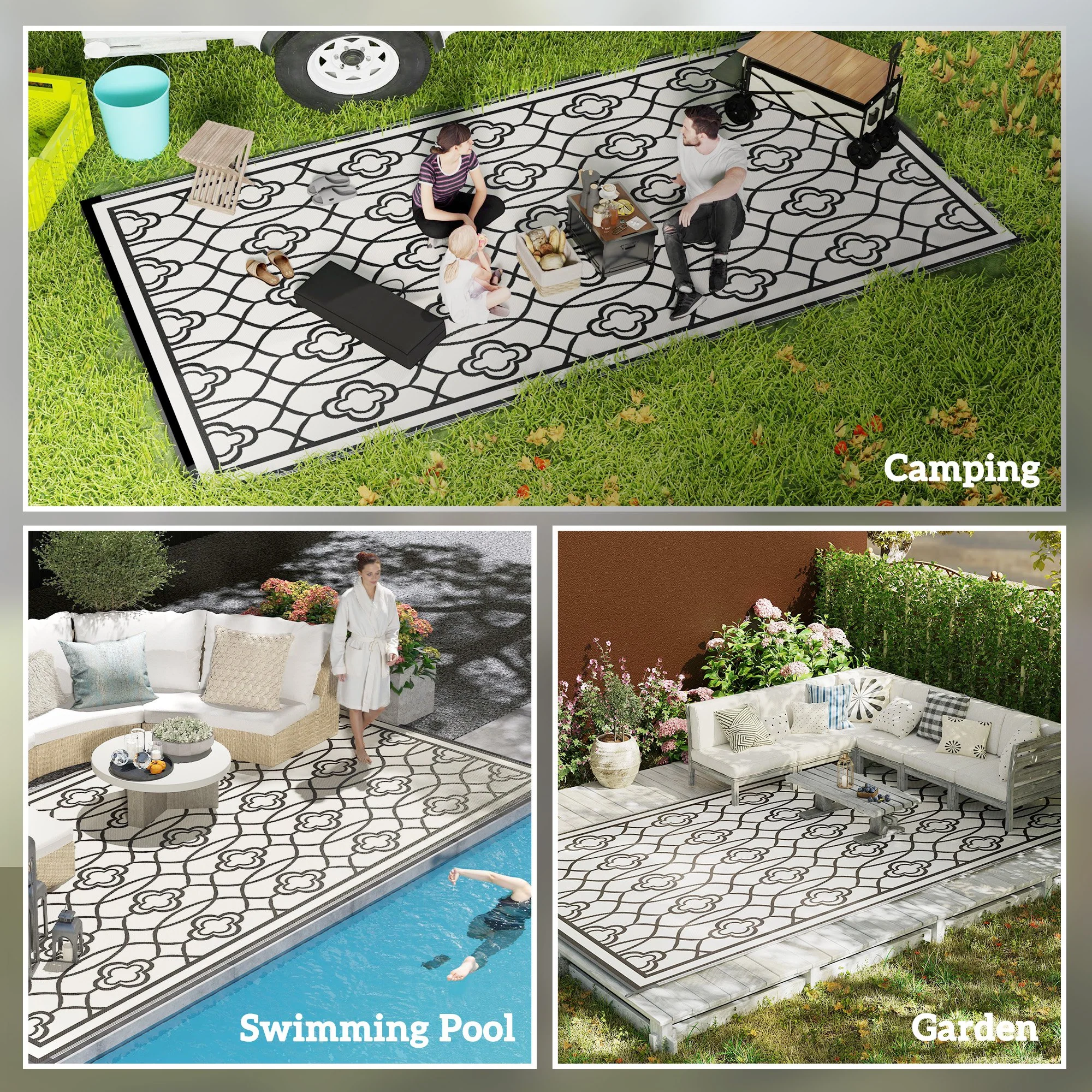 9' x 18' Reversible Outdoor Rug Waterproof Plastic Straw with Carry Bag Black & White Lantern - Image 7