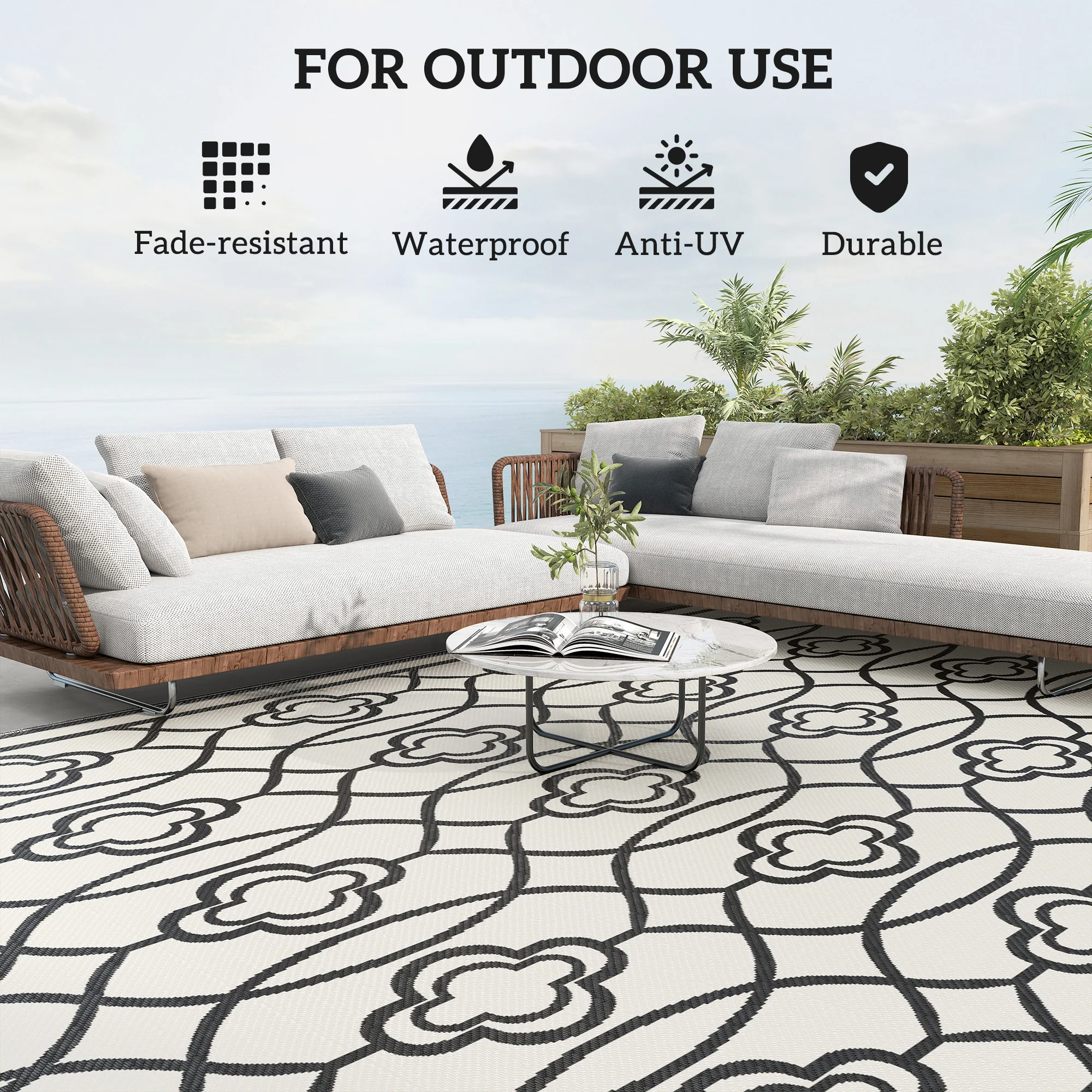 9' x 18' Reversible Outdoor Rug Waterproof Plastic Straw with Carry Bag Black & White Lantern - Image 8