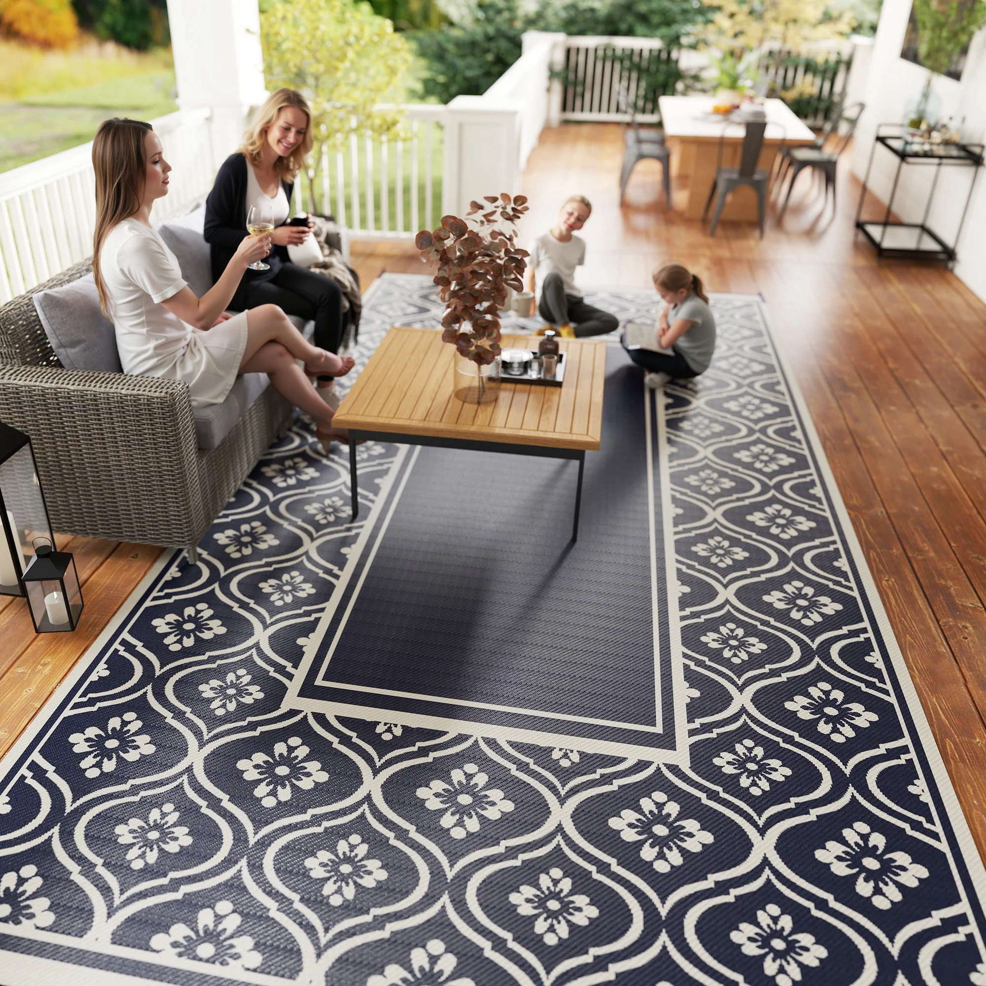 9' x 18' Reversible Outdoor Rug, Waterproof Plastic Straw, Blue & White Gourd Border - Image 11