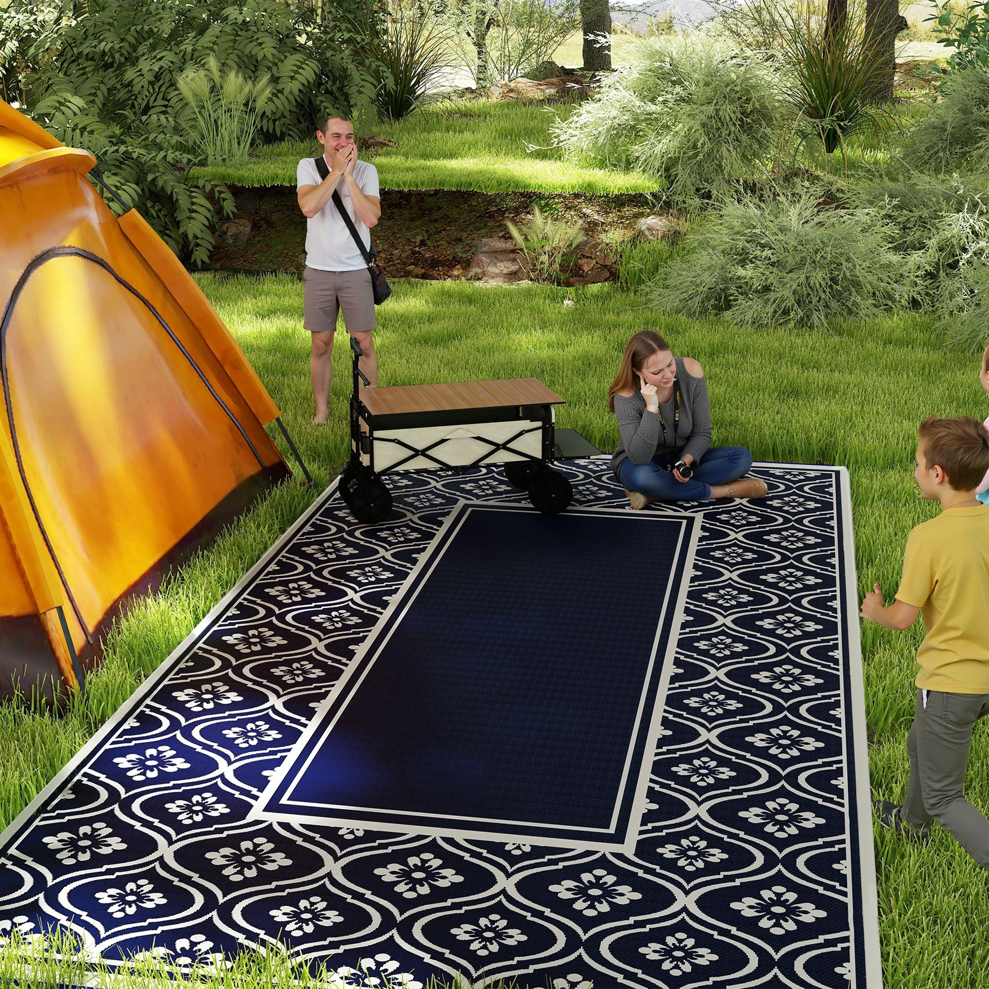 9' x 18' Reversible Outdoor Rug, Waterproof Plastic Straw, Blue & White Gourd Border - Image 3