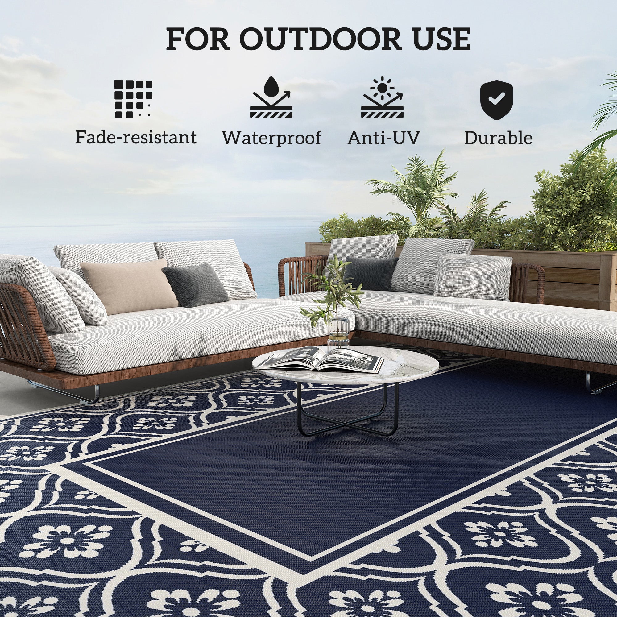 9' x 18' Reversible Outdoor Rug, Waterproof Plastic Straw, Blue & White Gourd Border - Image 8