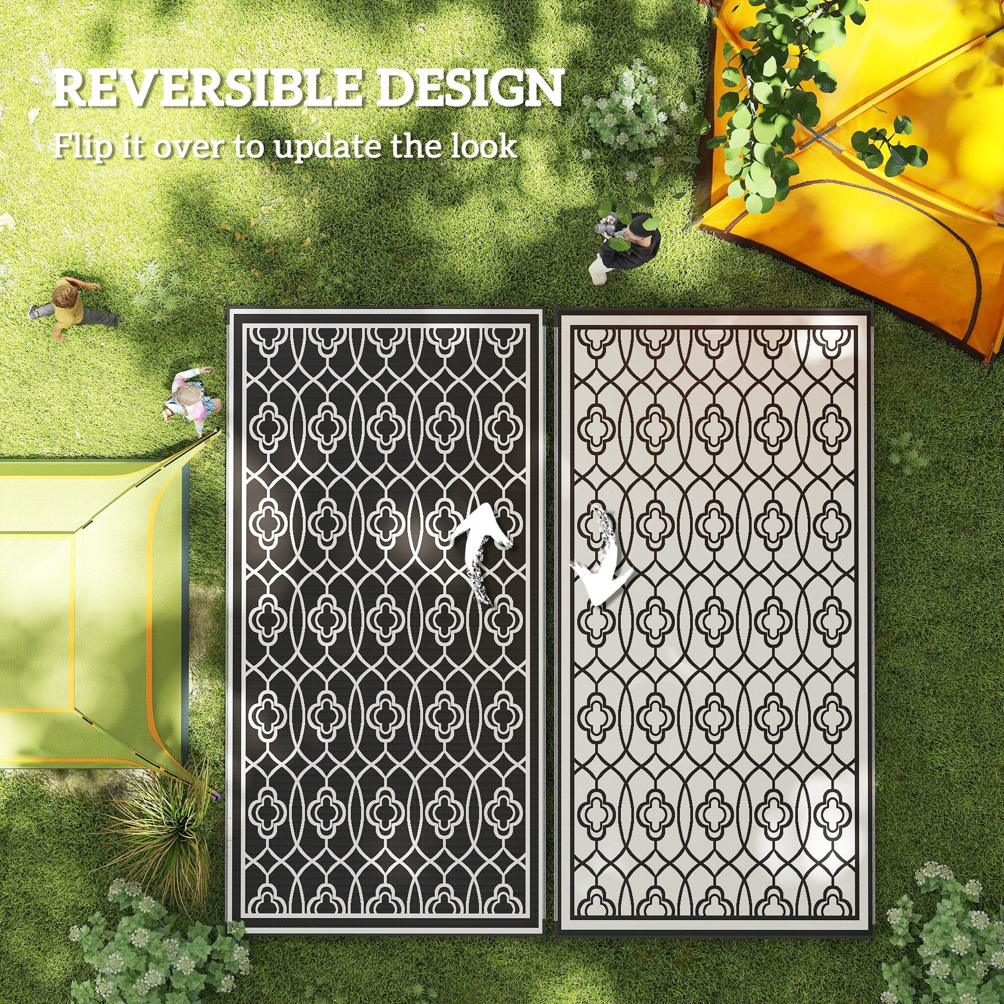9' x 18' Reversible Outdoor Rug Waterproof Plastic Straw with Carry Bag Black & White Lantern - Image 9