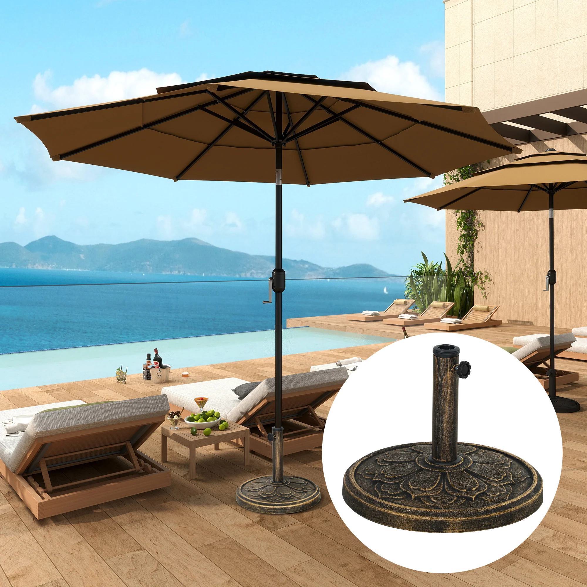 Round Patio Umbrella Base, 26 lbs Resin Outdoor Umbrella Stand Base, Patio Umbrella Stand for 1.3"/1.5"/1.9" Umbrella Poles for Outdoor, Lawn, Poolside, Bronze - Image 3
