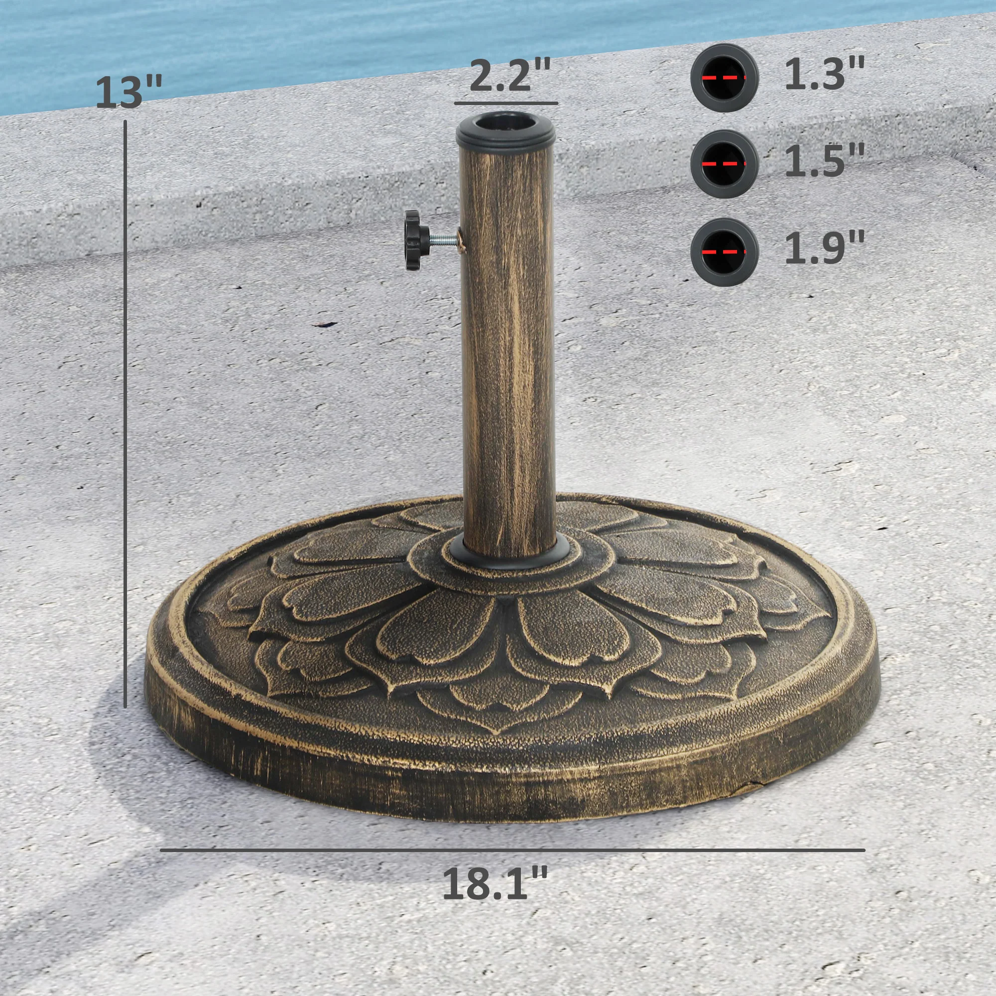 Round Patio Umbrella Base, 26 lbs Resin Outdoor Umbrella Stand Base, Patio Umbrella Stand for 1.3"/1.5"/1.9" Umbrella Poles for Outdoor, Lawn, Poolside, Bronze - Image 5