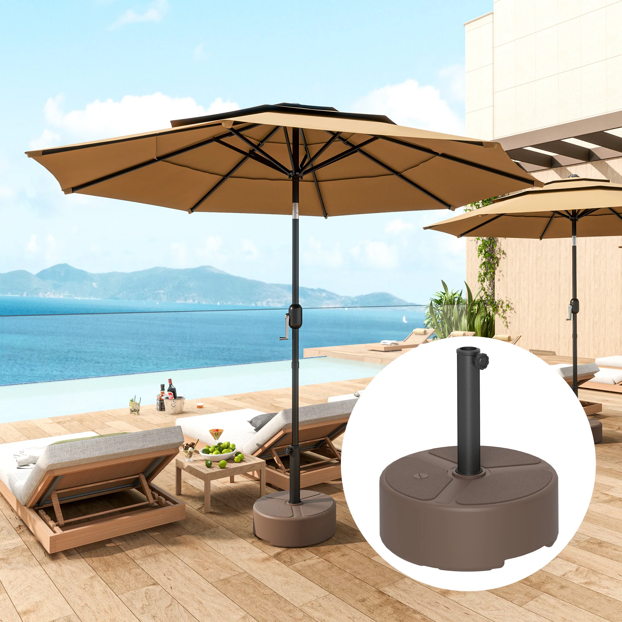 Round Patio Umbrella Base Holder, Heavy Duty Outdoor Umbrella Stand Base, Filled Up to 44lbs with Stand or 40lbs with Water for Garden, Poolside, Brown - Image 3