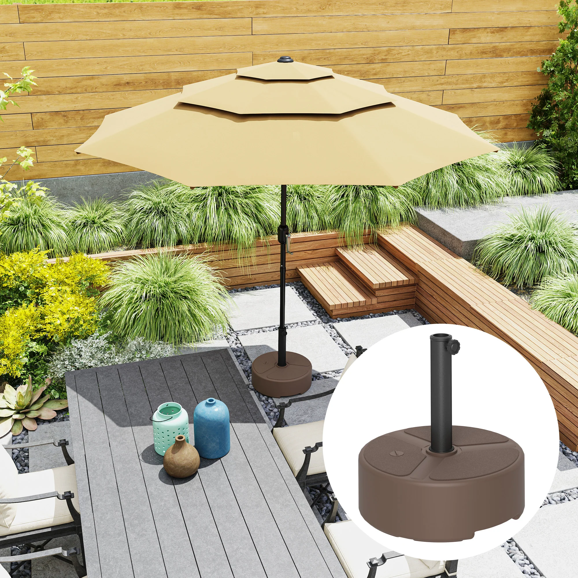 Round Patio Umbrella Base Holder, Heavy Duty Outdoor Umbrella Stand Base, Filled Up to 44lbs with Stand or 40lbs with Water for Garden, Poolside, Brown - Image 4