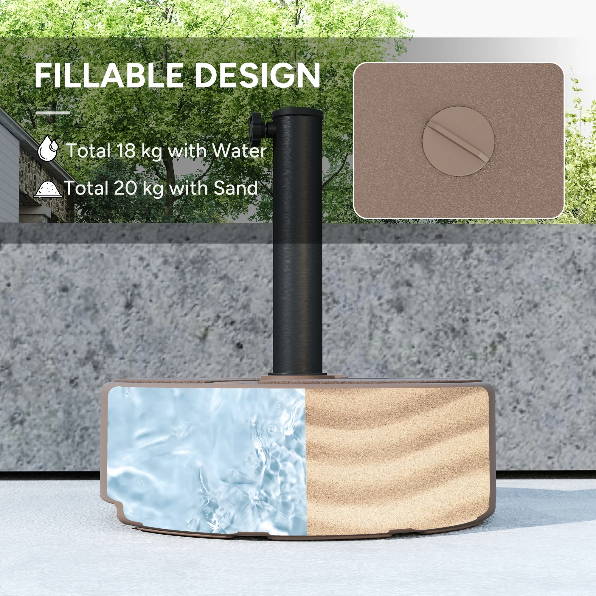 Round Patio Umbrella Base Holder, Heavy Duty Outdoor Umbrella Stand Base, Filled Up to 44lbs with Stand or 40lbs with Water for Garden, Poolside, Brown - Image 6