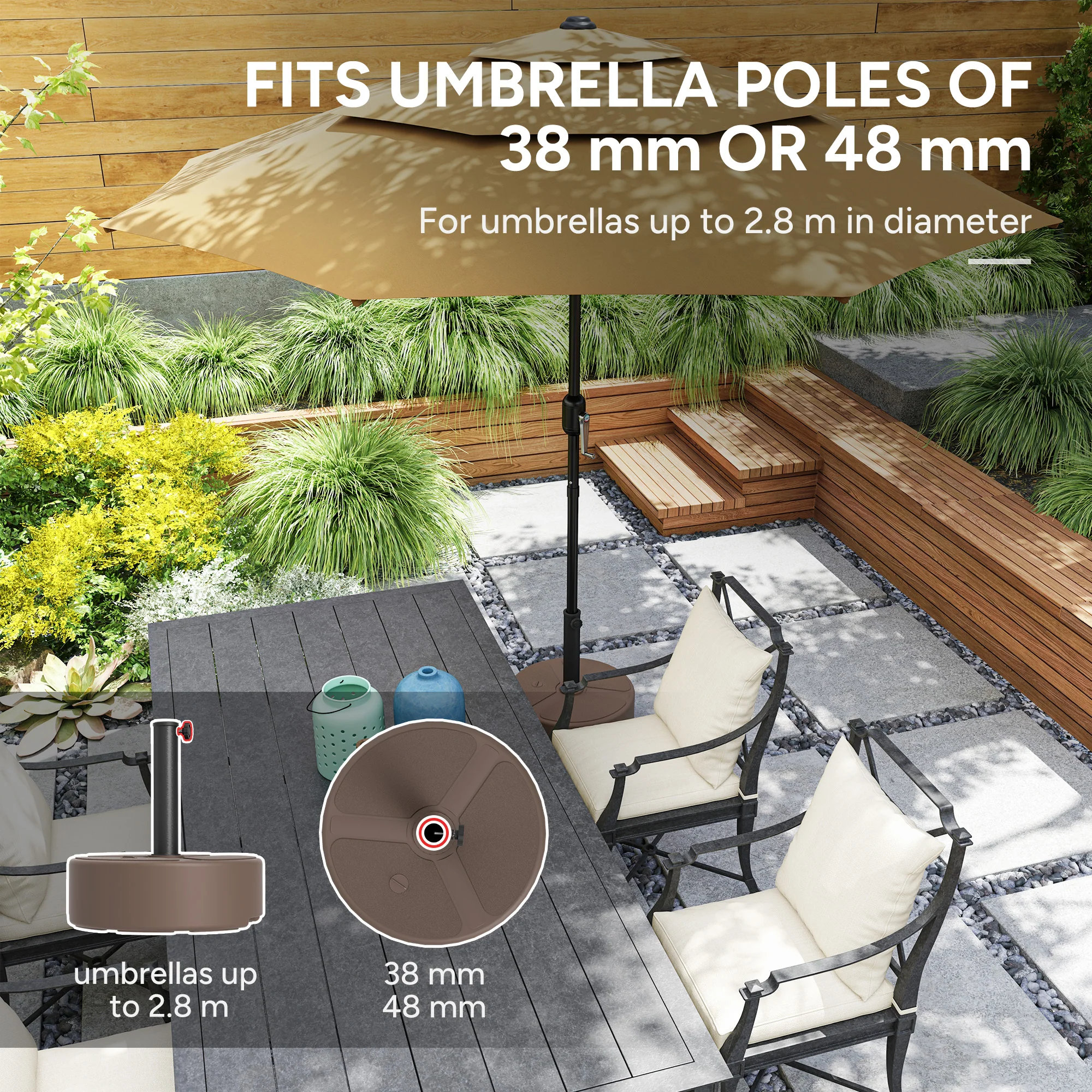 Round Patio Umbrella Base Holder, Heavy Duty Outdoor Umbrella Stand Base, Filled Up to 44lbs with Stand or 40lbs with Water for Garden, Poolside, Brown - Image 7