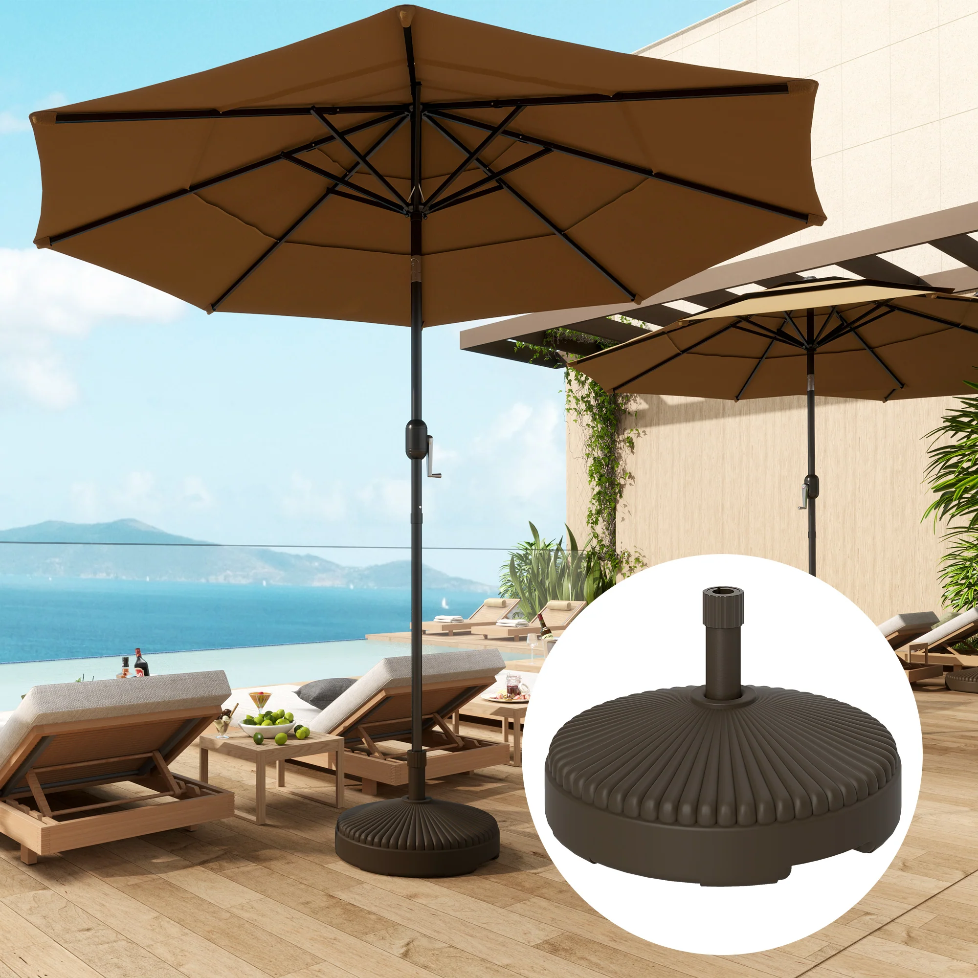 Round Patio Umbrella Base Holder, Heavy Duty Outdoor Umbrella Stand Base, Filled Up to 62lbs with Stand or 51lbs with Water for Garden, Poolside, Brown - Image 3