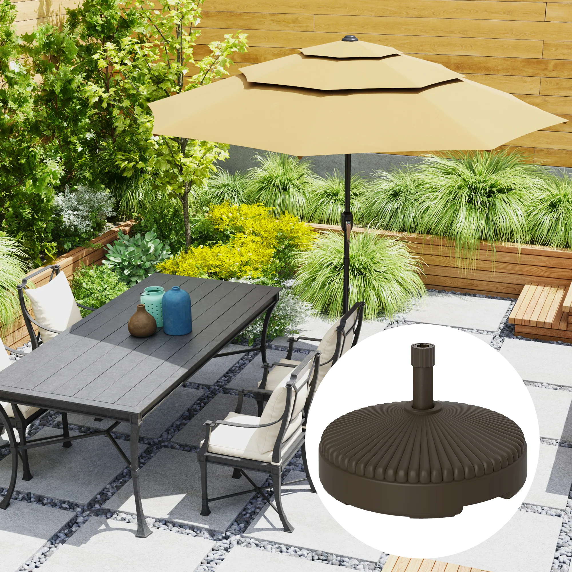 Round Patio Umbrella Base Holder, Heavy Duty Outdoor Umbrella Stand Base, Filled Up to 62lbs with Stand or 51lbs with Water for Garden, Poolside, Brown - Image 4