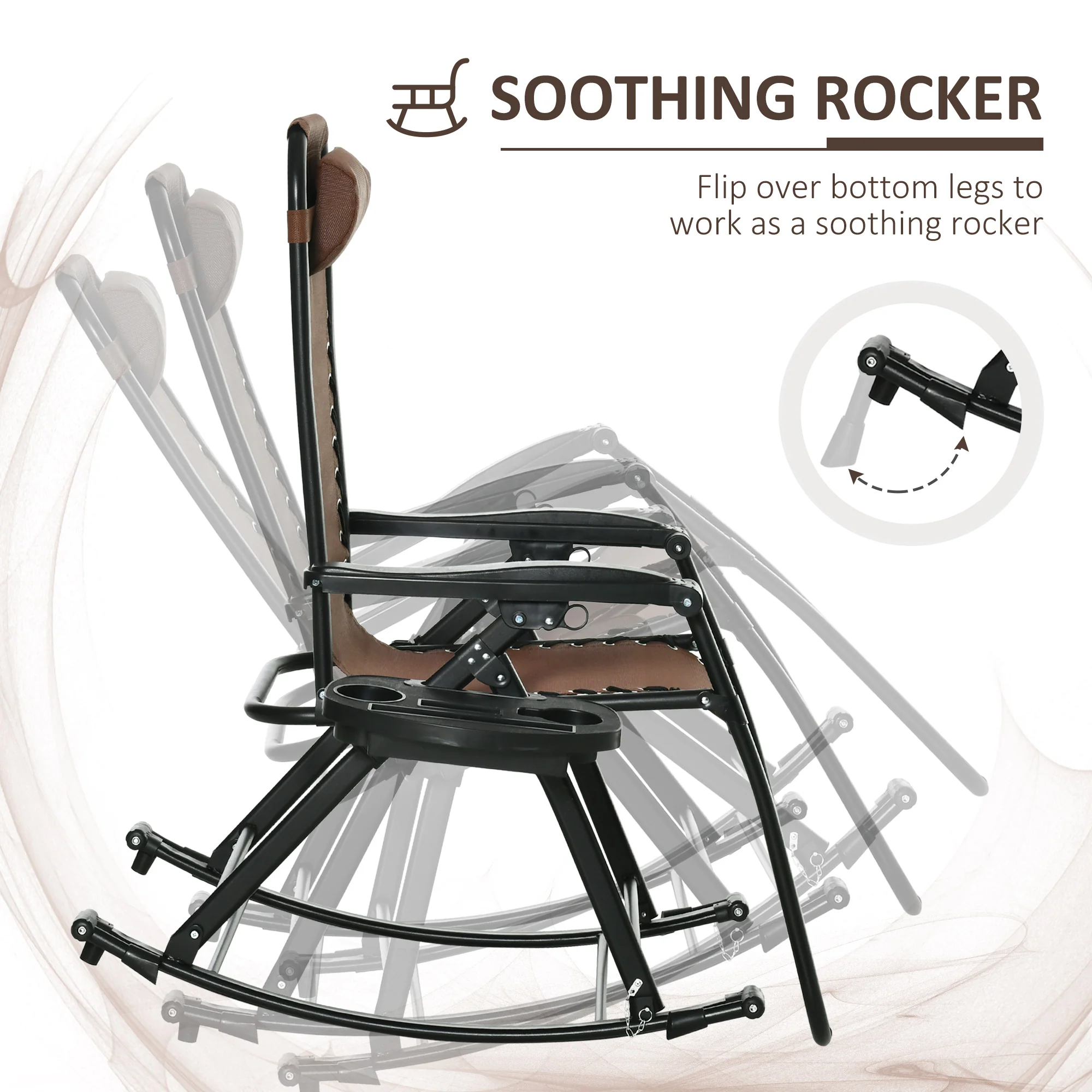 Set of 2 Foldable Reclining Zero Gravity Lounge Rockers w/ Pillow, Cup Holder, Brown - Image 10