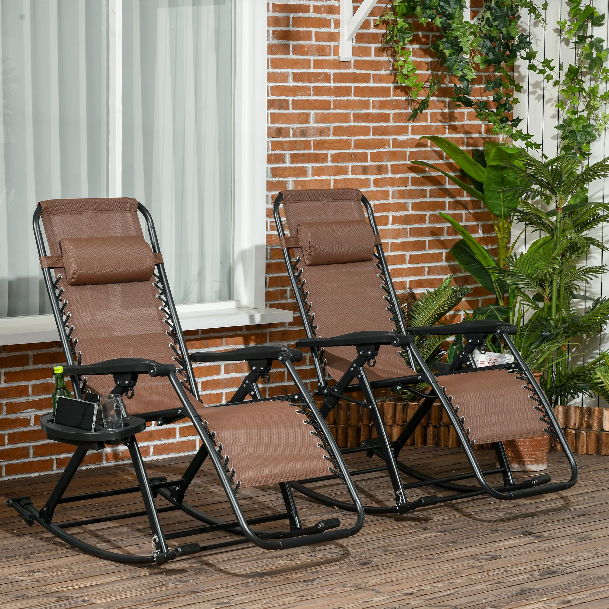 Set of 2 Foldable Reclining Zero Gravity Lounge Rockers w/ Pillow, Cup Holder, Brown - Image 3