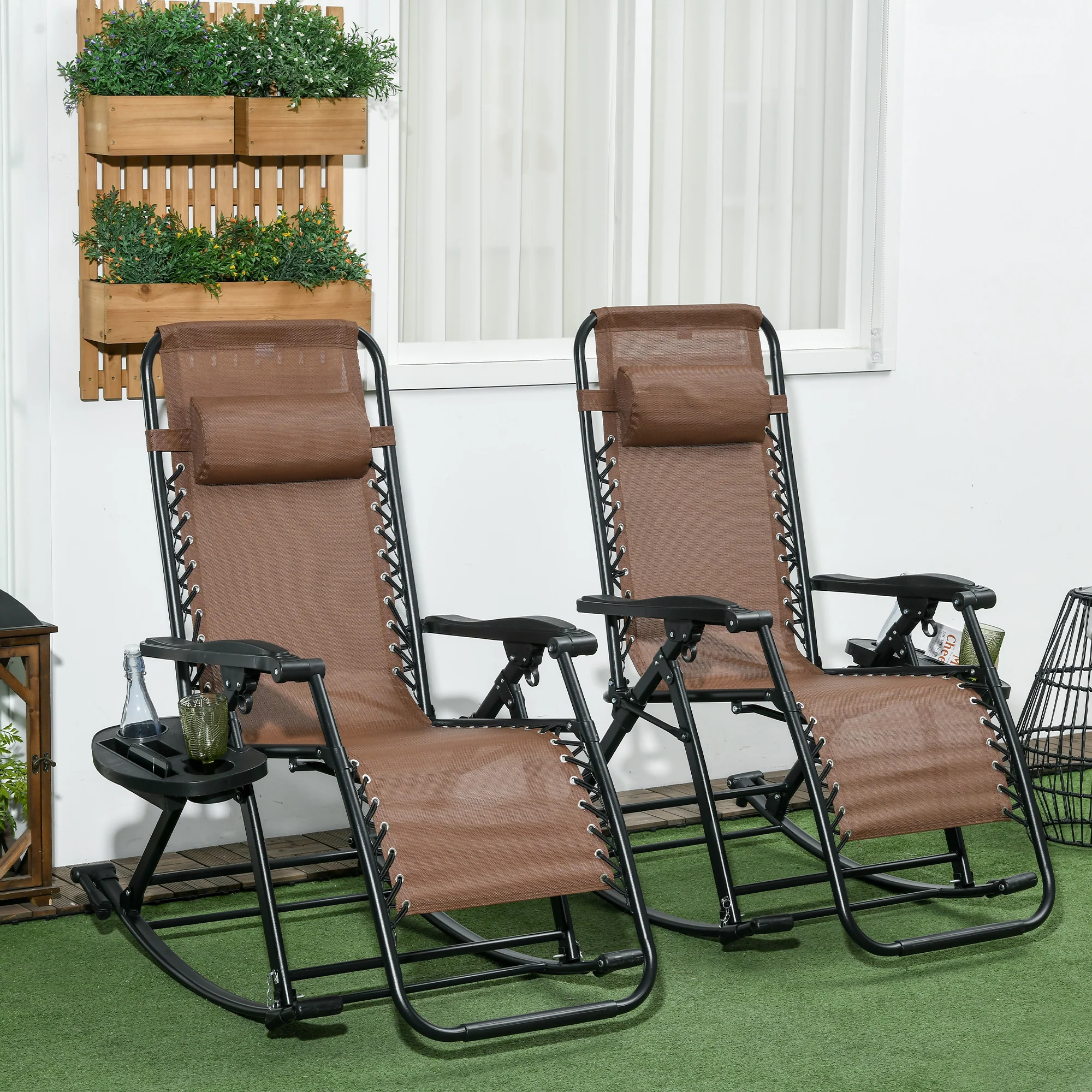 Set of 2 Foldable Reclining Zero Gravity Lounge Rockers w/ Pillow, Cup Holder, Brown - Image 4