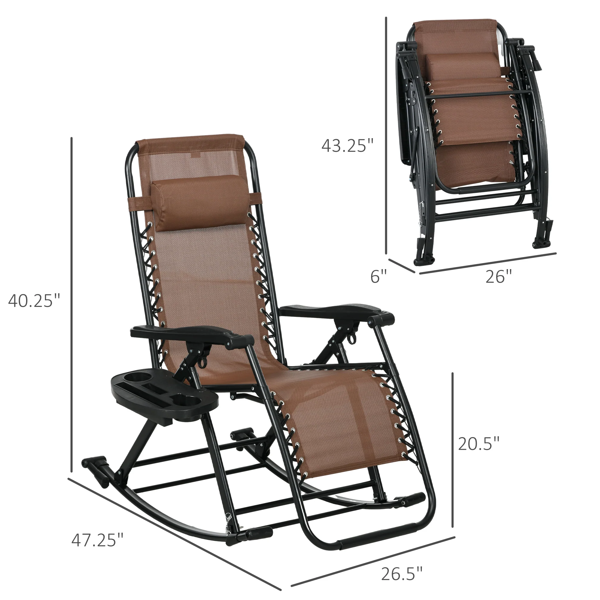 Set of 2 Foldable Reclining Zero Gravity Lounge Rockers w/ Pillow, Cup Holder, Brown - Image 5