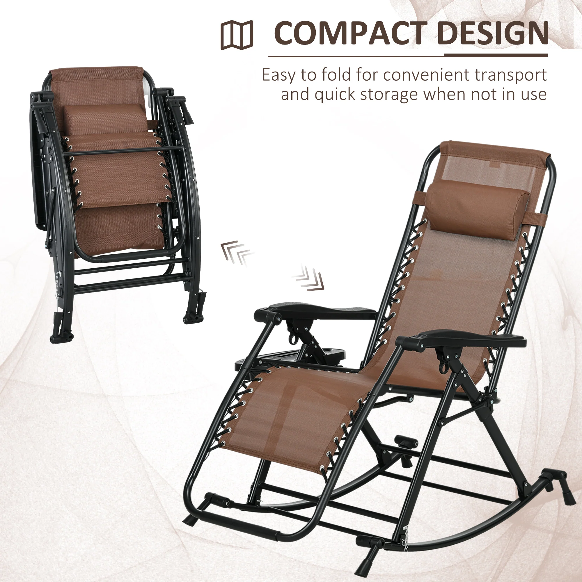 Set of 2 Foldable Reclining Zero Gravity Lounge Rockers w/ Pillow, Cup Holder, Brown - Image 6