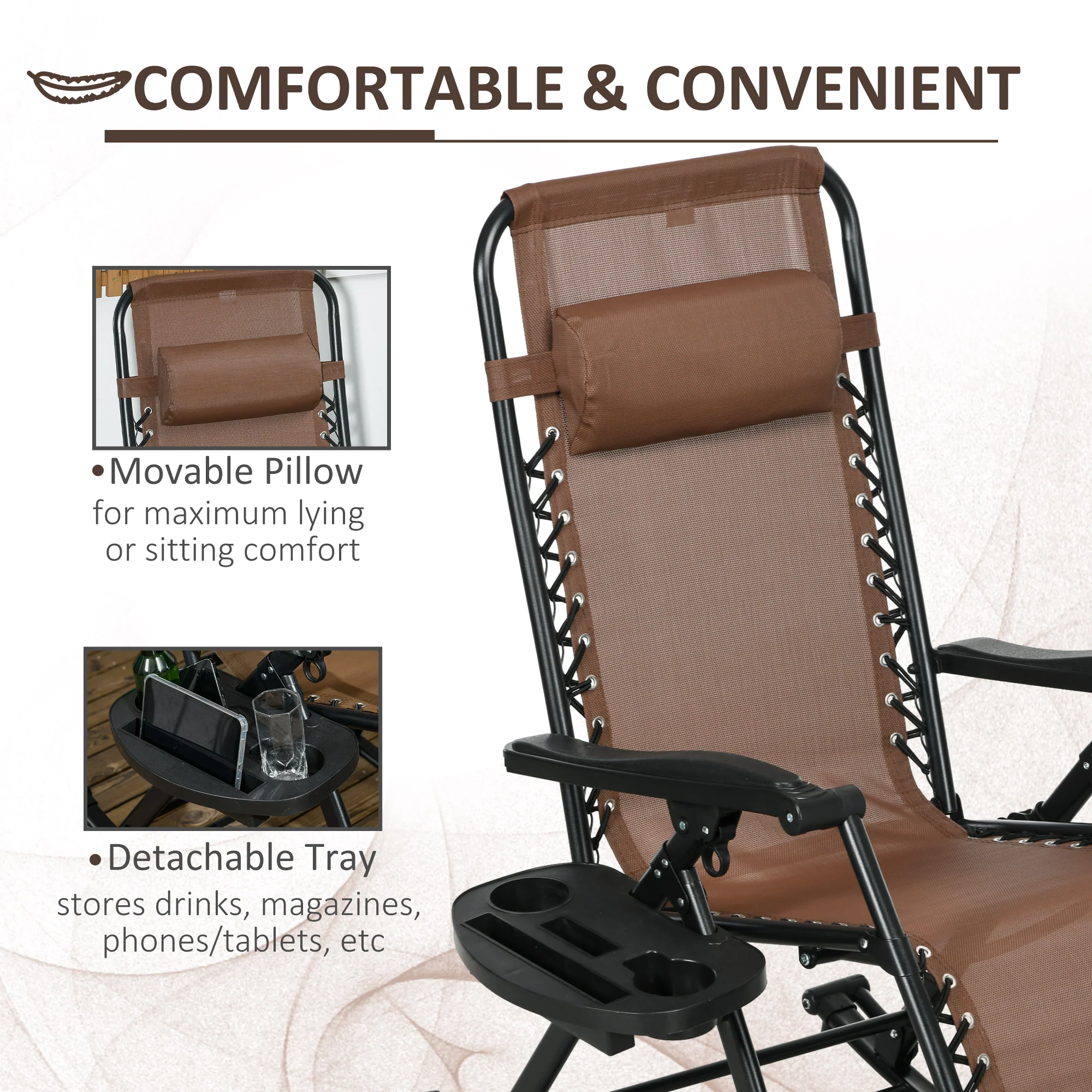 Set of 2 Foldable Reclining Zero Gravity Lounge Rockers w/ Pillow, Cup Holder, Brown - Image 7