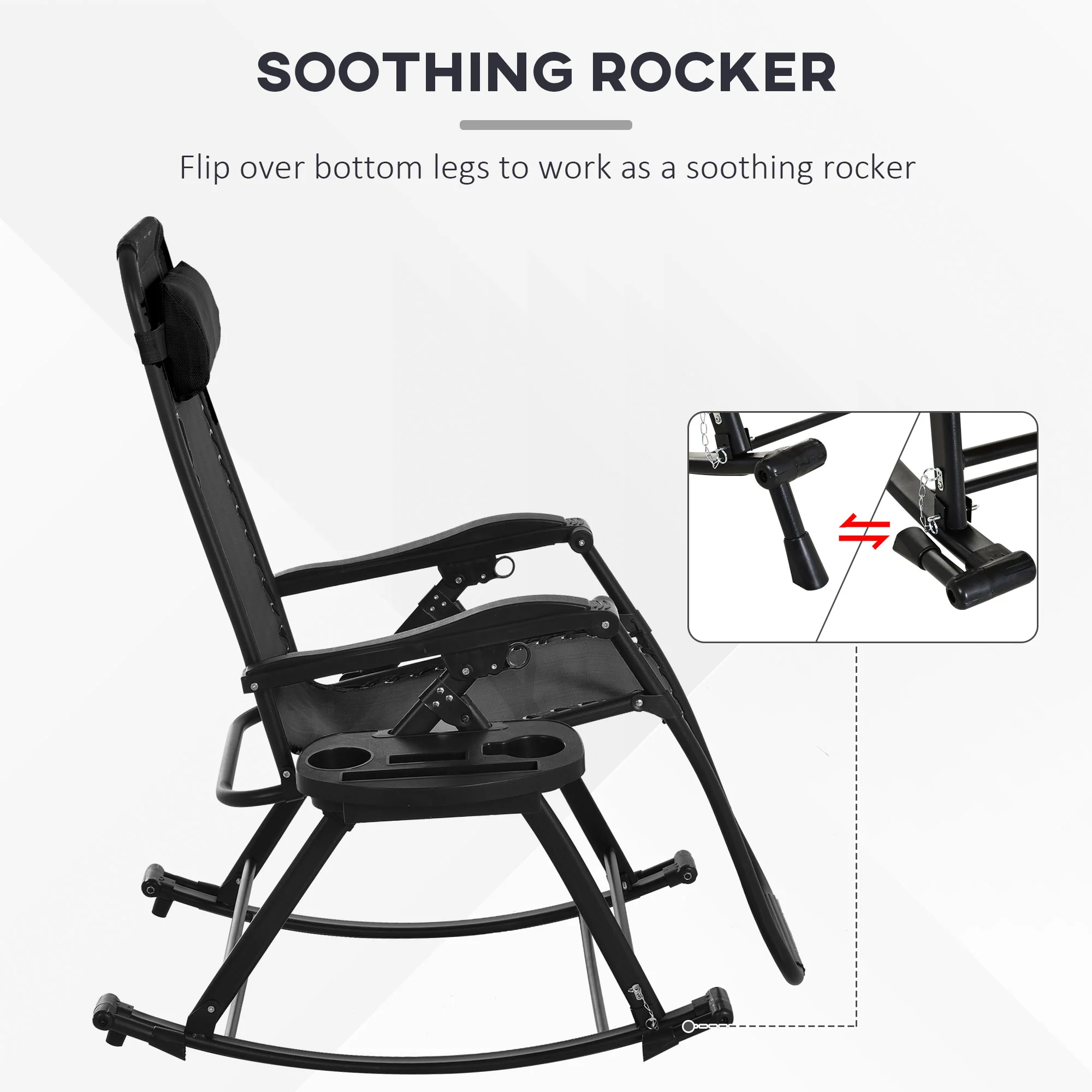 Set of 2 Foldable Zero Gravity Reclining Rocking Lounge Chair with Pillow, Black - Image 10