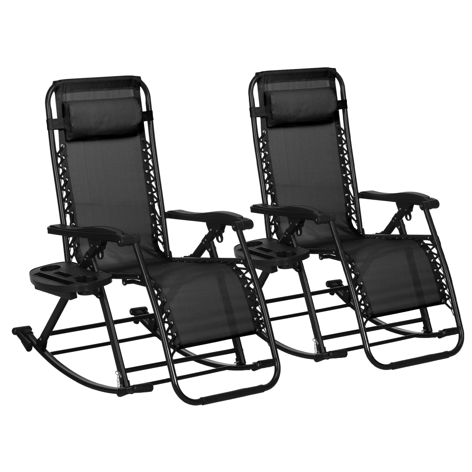 Set of 2 Foldable Zero Gravity Reclining Rocking Lounge Chair with Pillow, Black - Image 12
