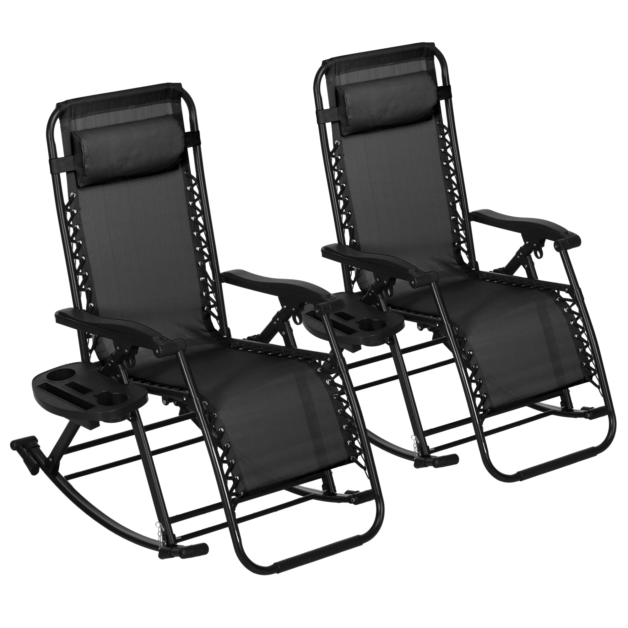 Set of 2 Foldable Zero Gravity Reclining Rocking Lounge Chair with Pillow, Black - Image 2