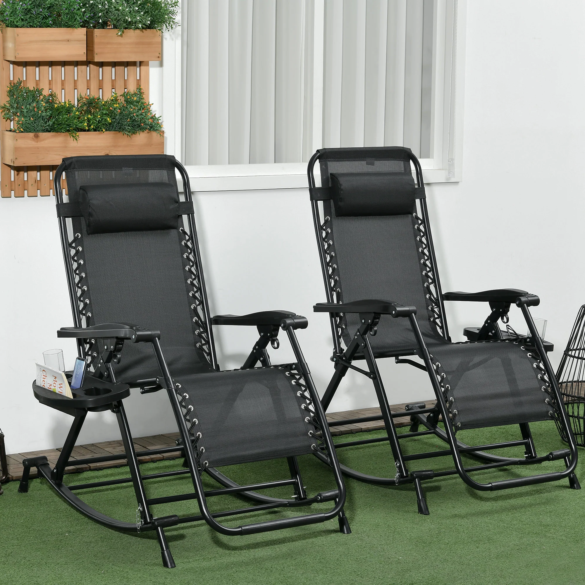 Set of 2 Foldable Zero Gravity Reclining Rocking Lounge Chair with Pillow, Black - Image 3