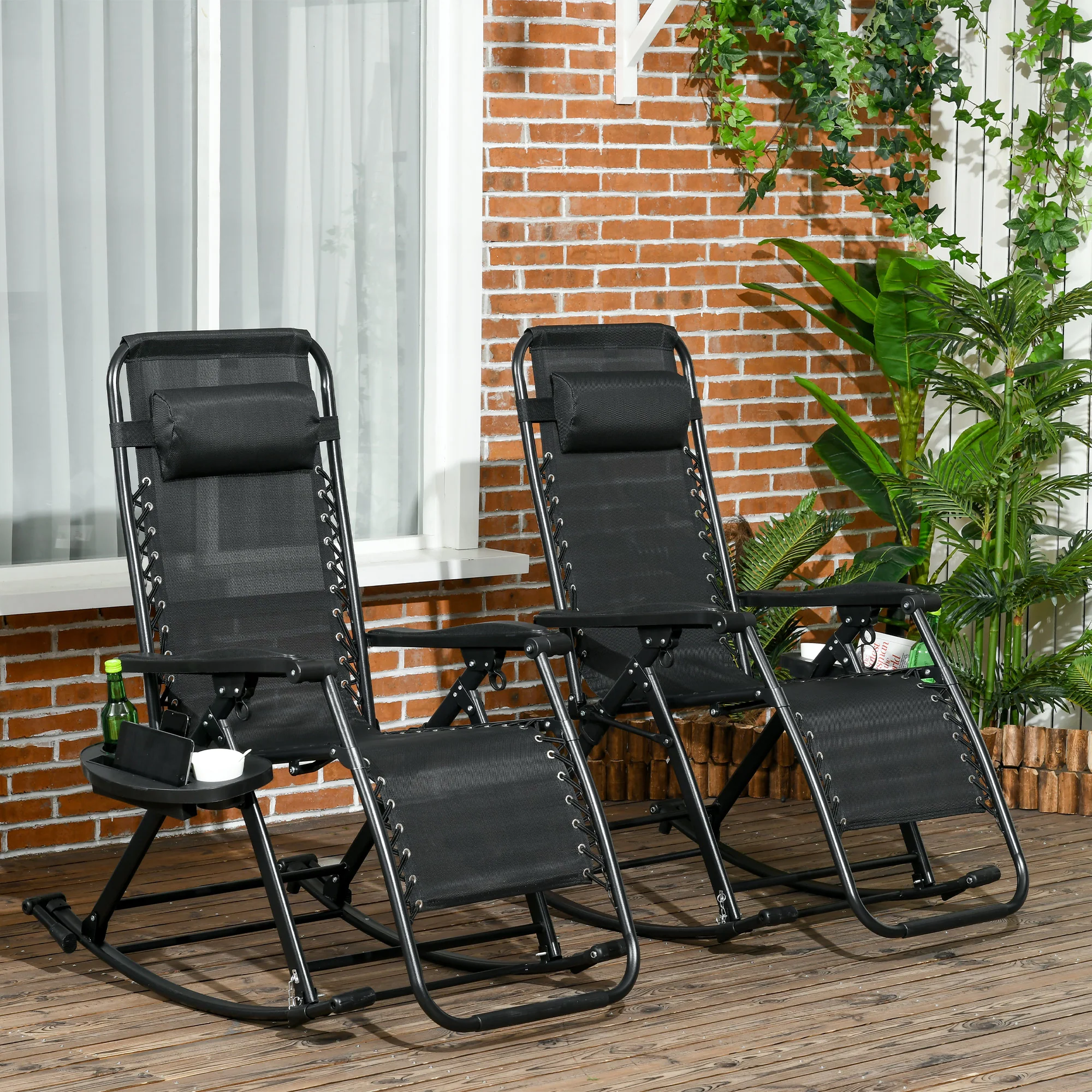 Set of 2 Foldable Zero Gravity Reclining Rocking Lounge Chair with Pillow, Black - Image 4
