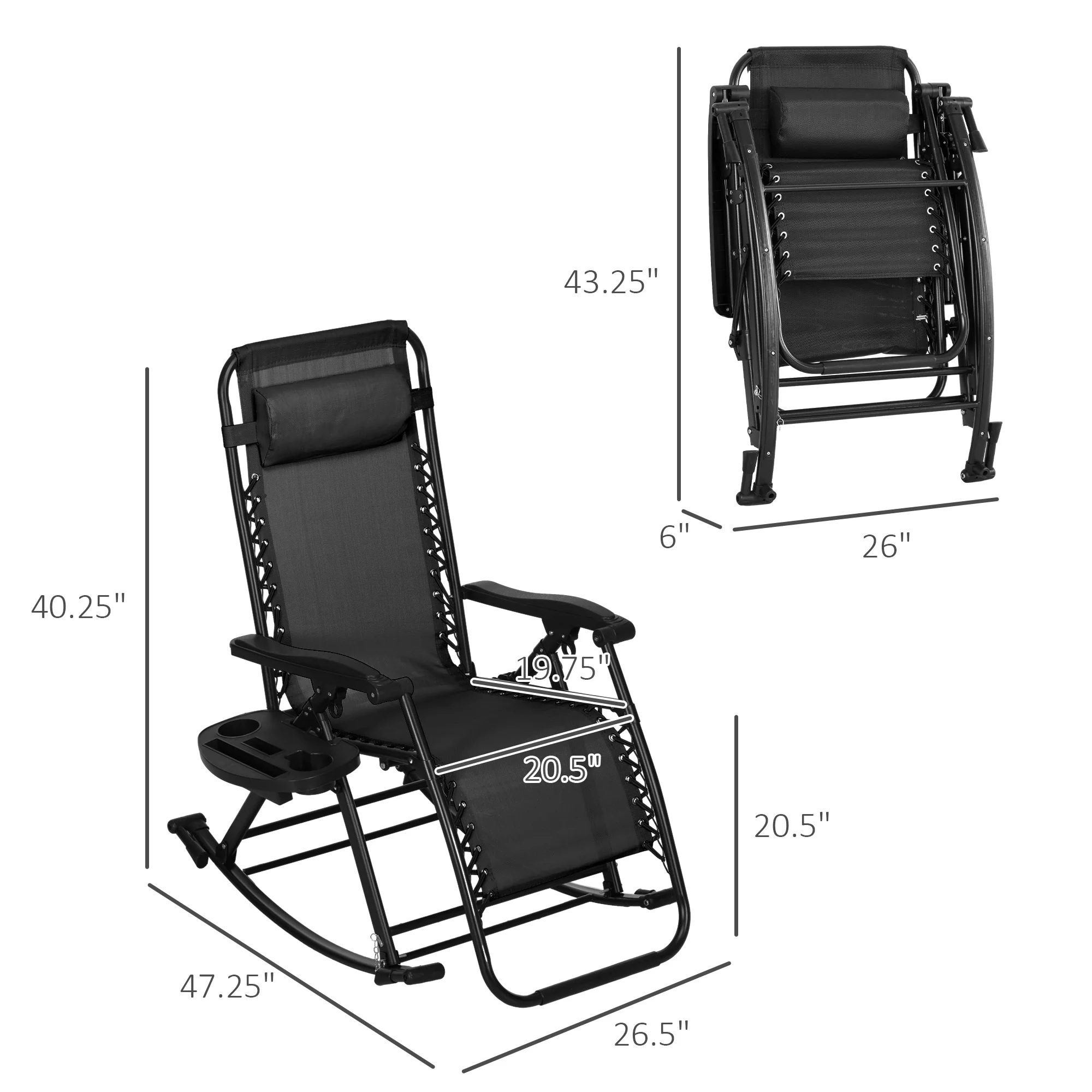 Set of 2 Foldable Zero Gravity Reclining Rocking Lounge Chair with Pillow, Black - Image 5