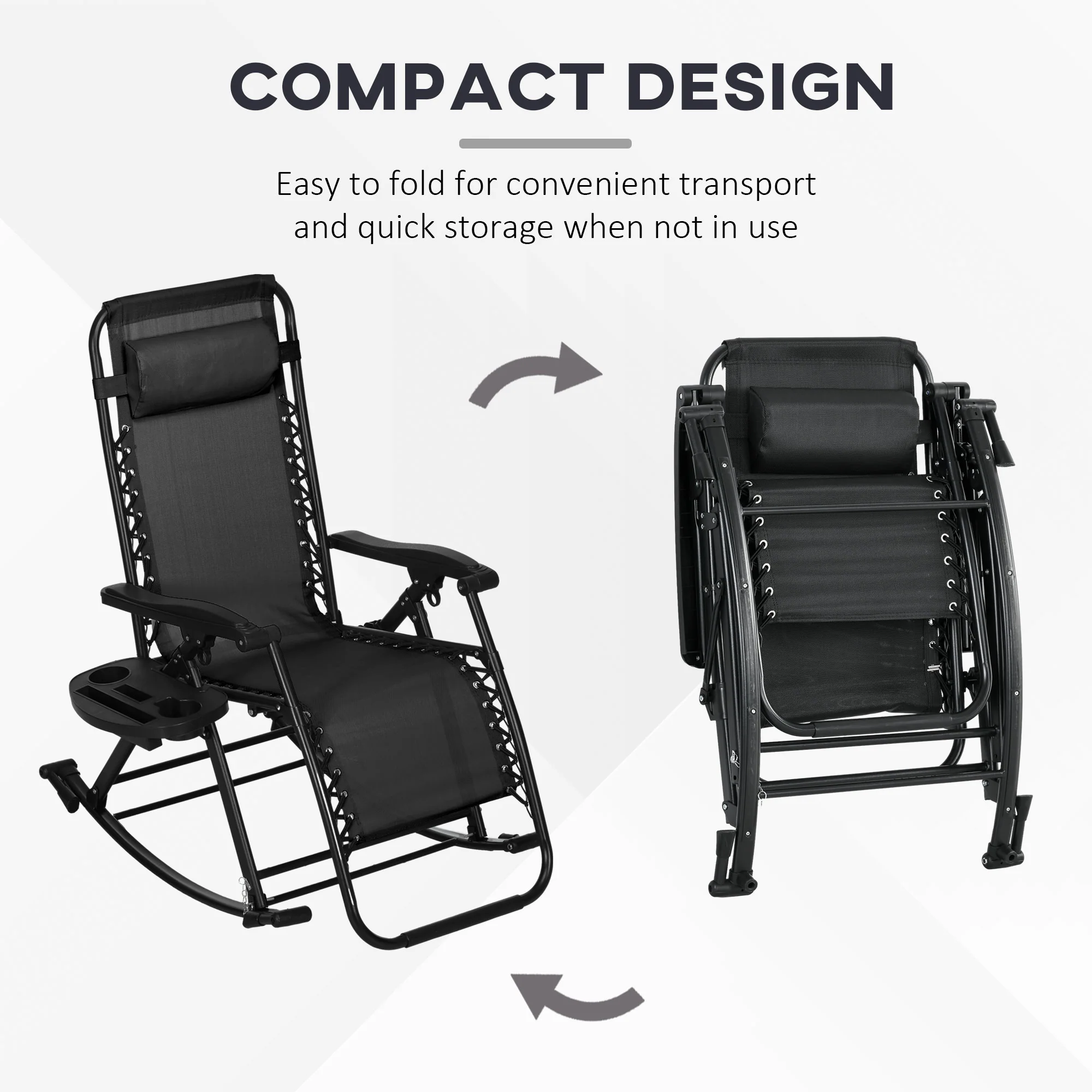 Set of 2 Foldable Zero Gravity Reclining Rocking Lounge Chair with Pillow, Black - Image 6