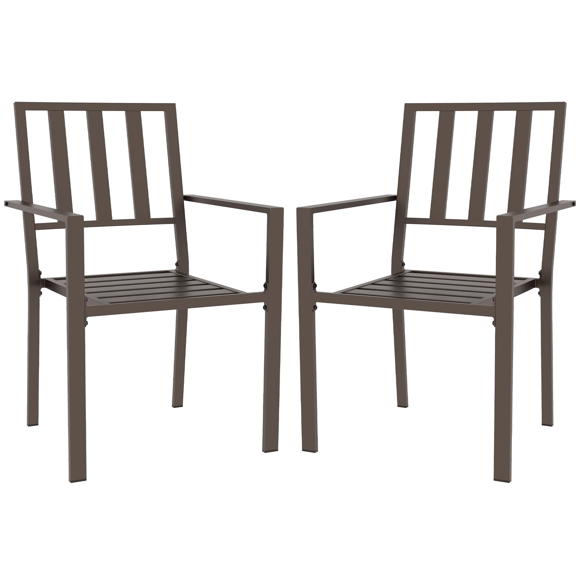 Set of 2 Metal Slatted Patio Dining Chairs, for Yard, Garden, Dark Brown