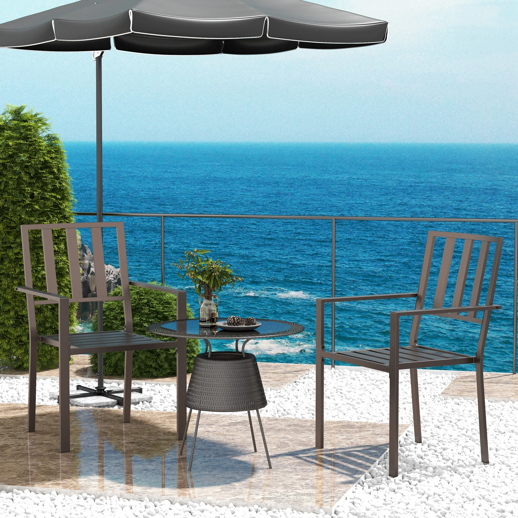 Set of 2 Metal Slatted Patio Dining Chairs, for Yard, Garden, Dark Brown - Image 3
