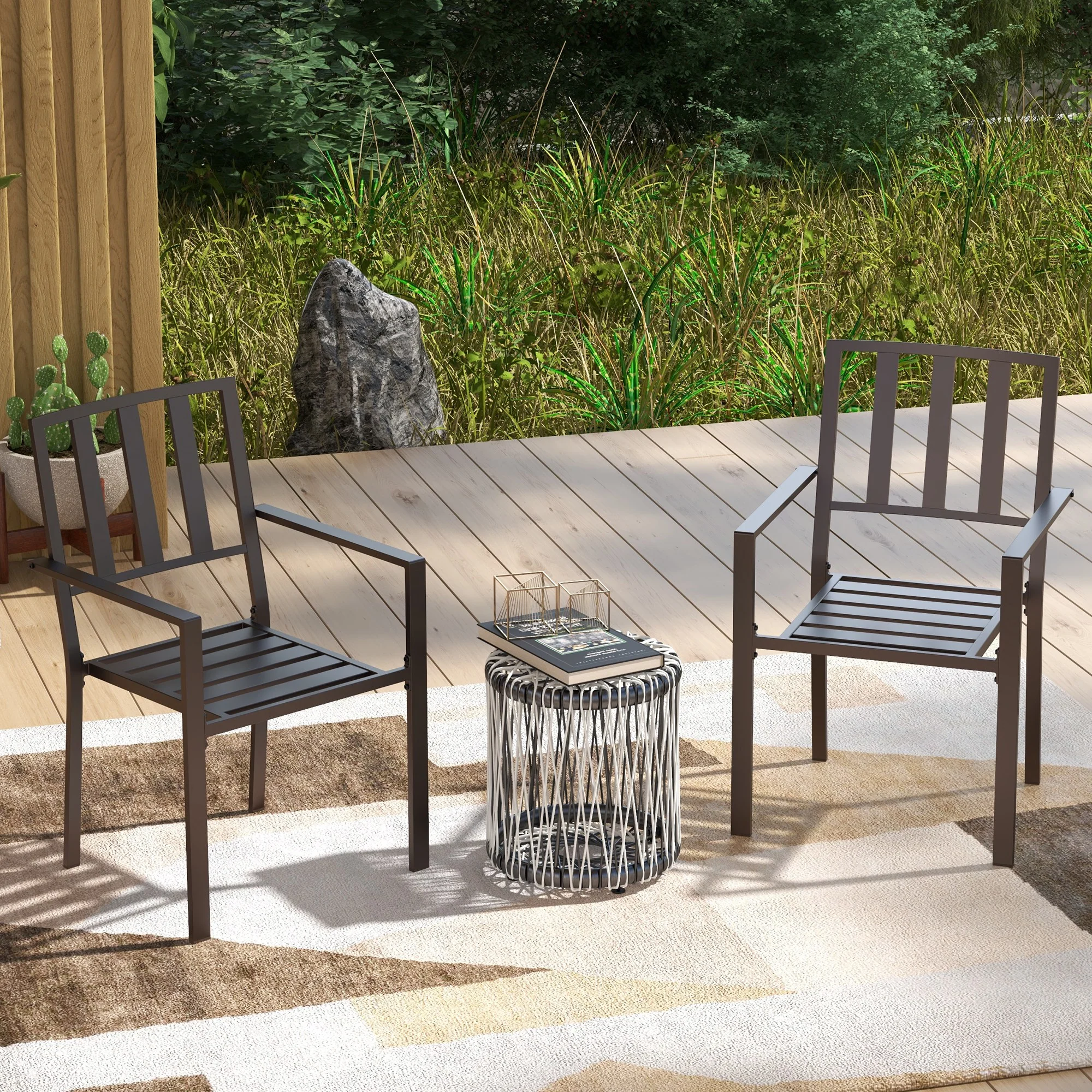 Set of 2 Metal Slatted Patio Dining Chairs, for Yard, Garden, Dark Brown - Image 4