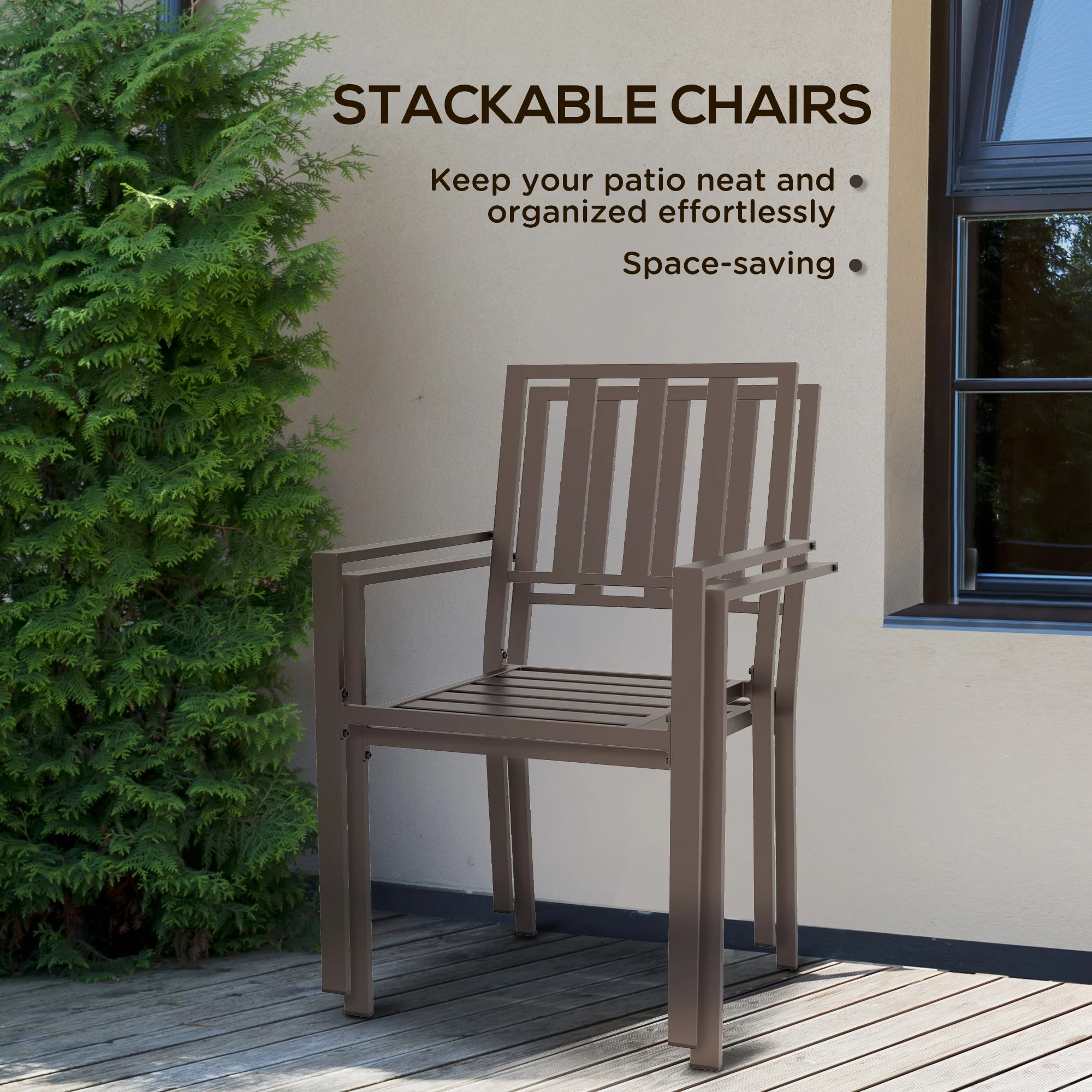 Set of 2 Metal Slatted Patio Dining Chairs, for Yard, Garden, Dark Brown - Image 7