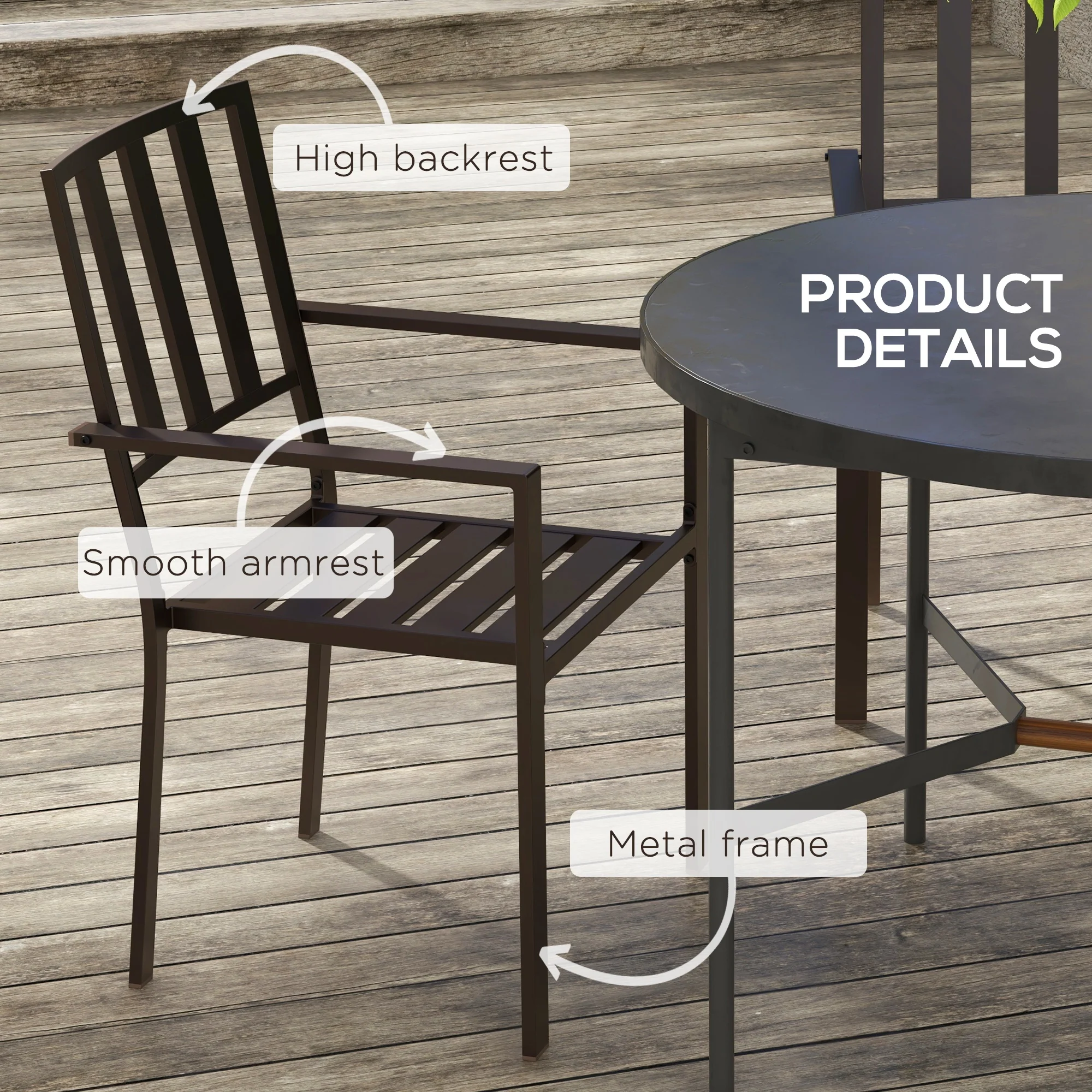 Set of 2 Metal Slatted Patio Dining Chairs, for Yard, Garden, Dark Brown - Image 8