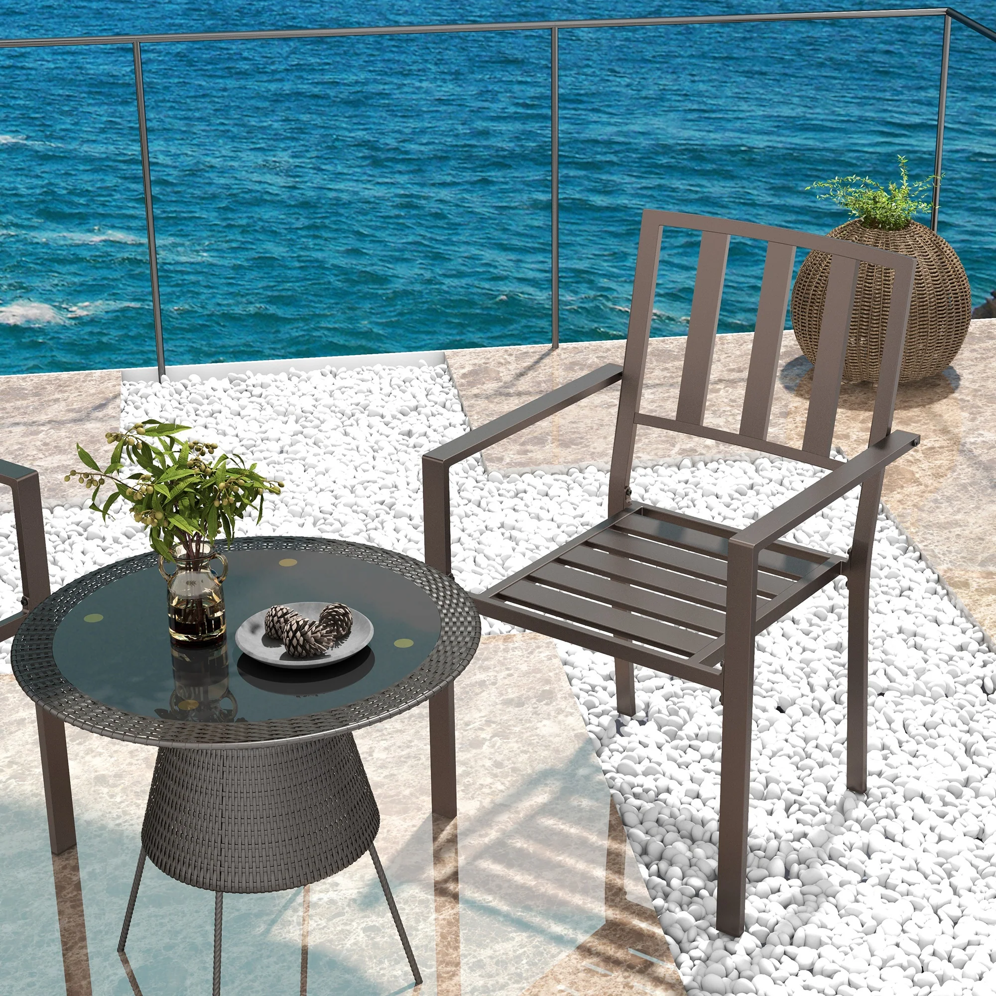 Set of 2 Metal Slatted Patio Dining Chairs, for Yard, Garden, Dark Brown - Image 9