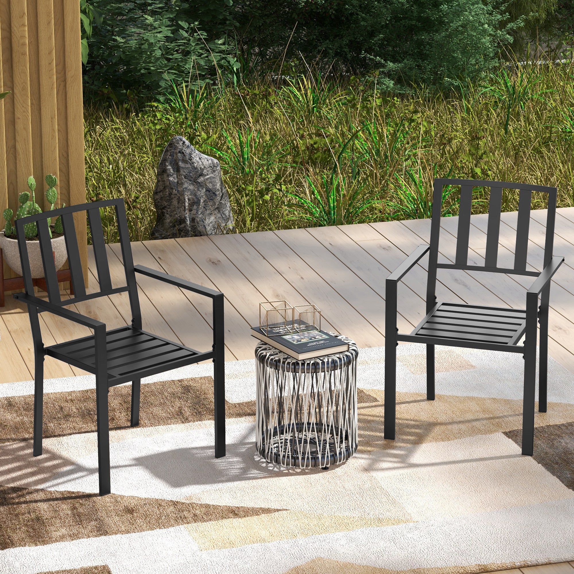 Set of 2 Metal Slatted Patio Dining Chairs, for Yard, Garden, Black - Image 4
