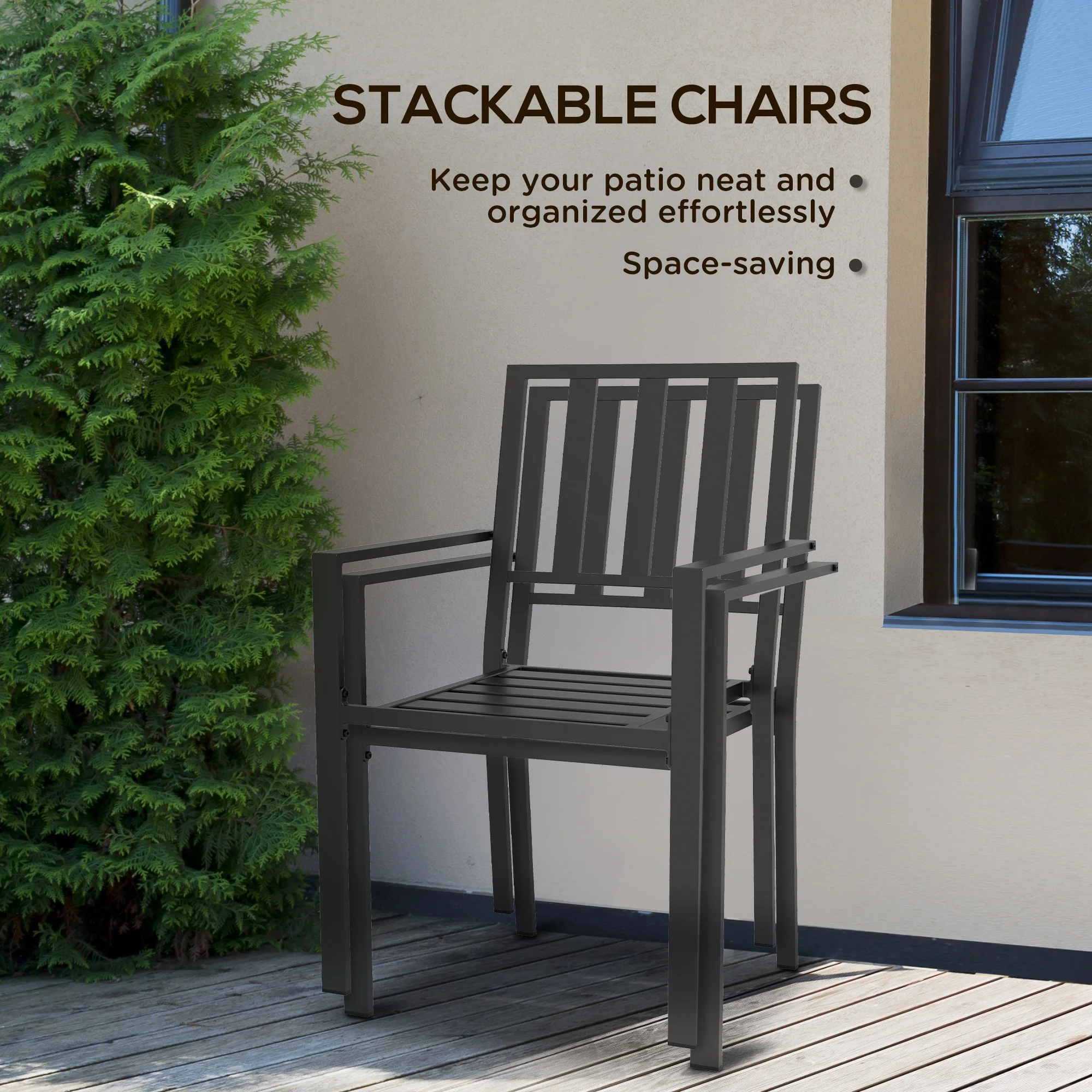 Set of 2 Metal Slatted Patio Dining Chairs, for Yard, Garden, Black - Image 7
