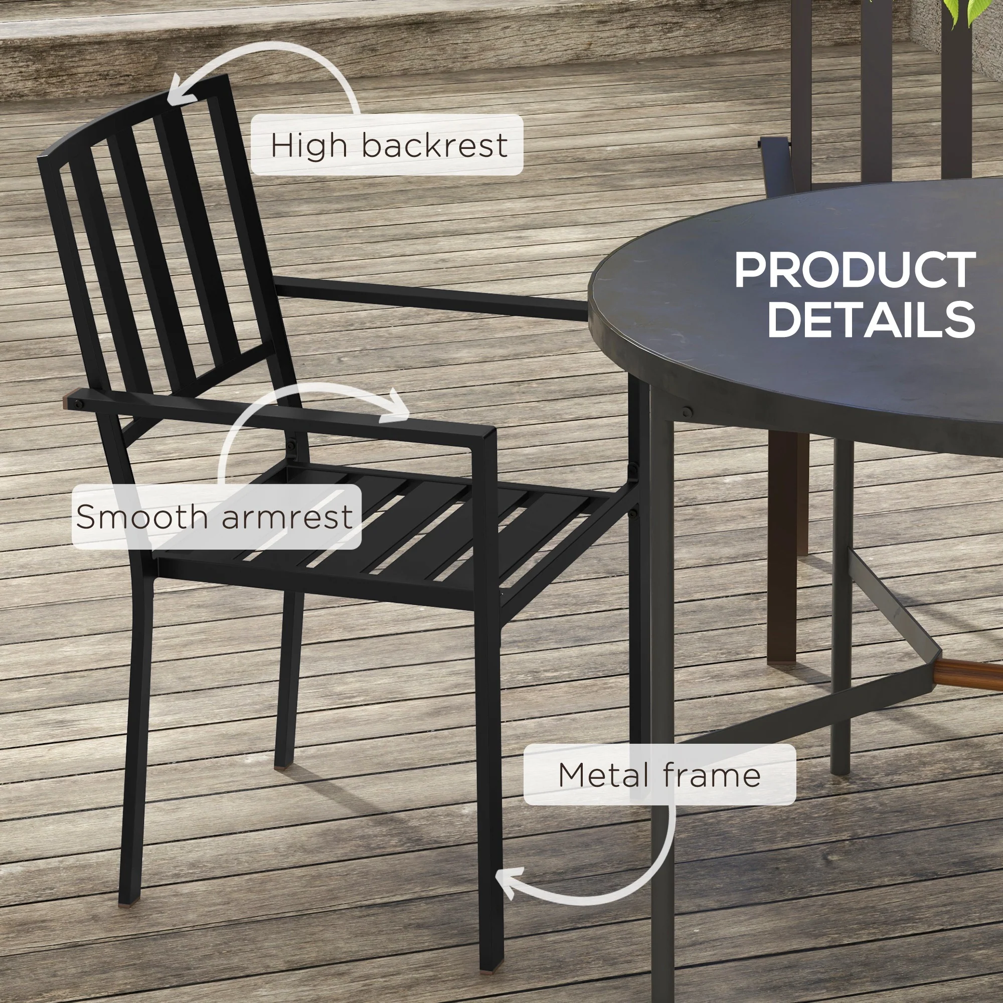 Set of 2 Metal Slatted Patio Dining Chairs, for Yard, Garden, Black - Image 8
