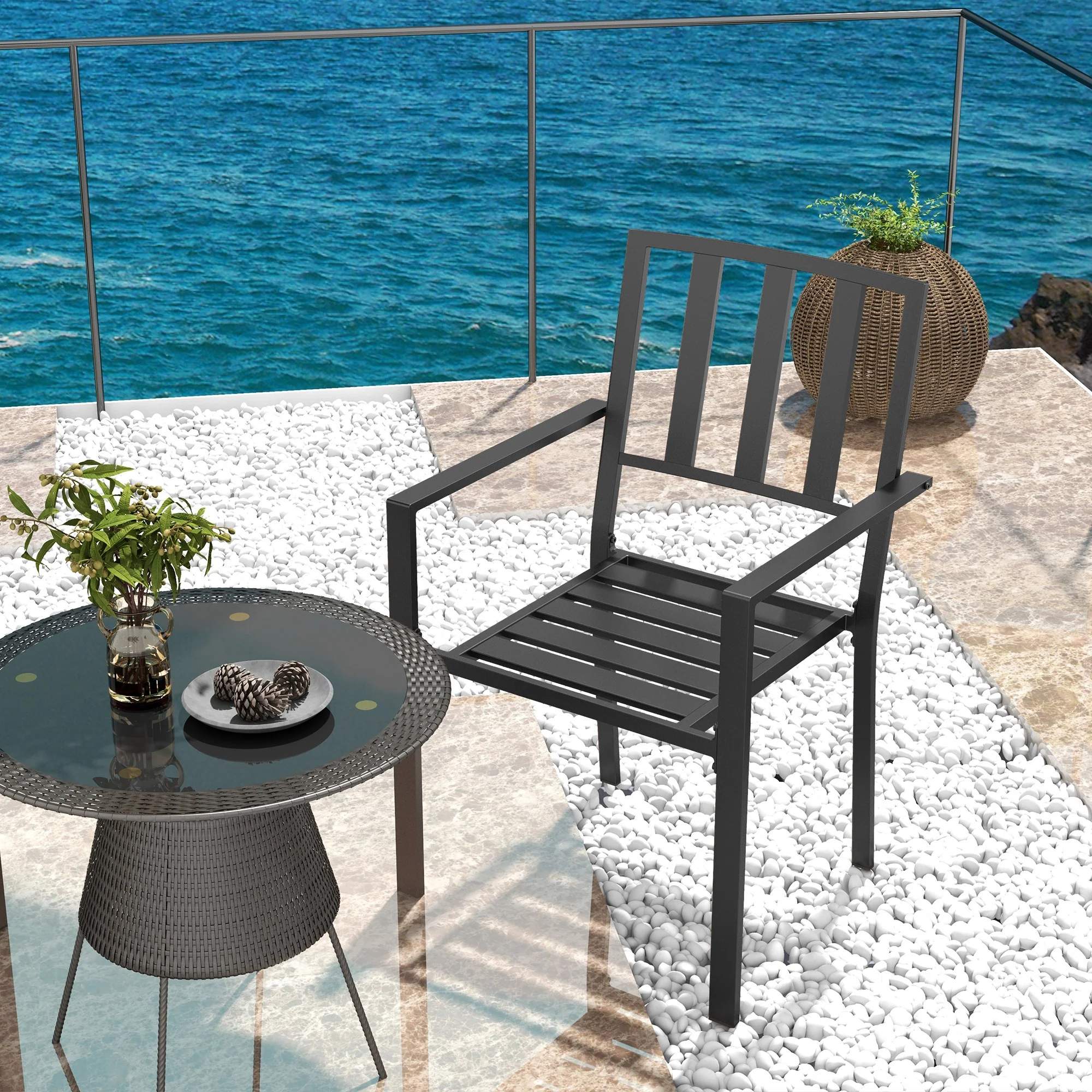 Set of 2 Metal Slatted Patio Dining Chairs, for Yard, Garden, Black - Image 9