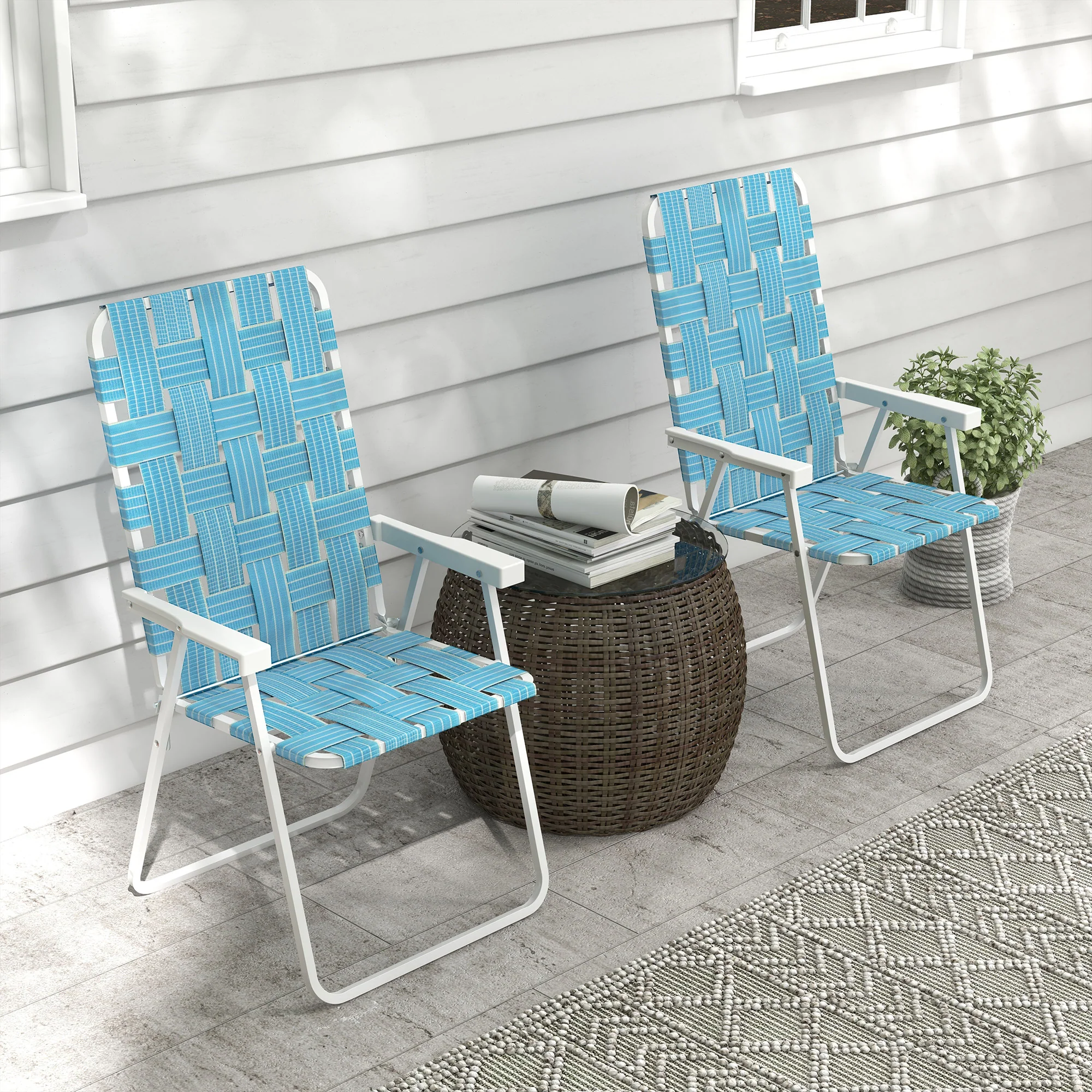 Set of 2 Classic Outdoor Camping Chairs, Portable Lawn Chairs w/ Armrests, Blue - Image 3
