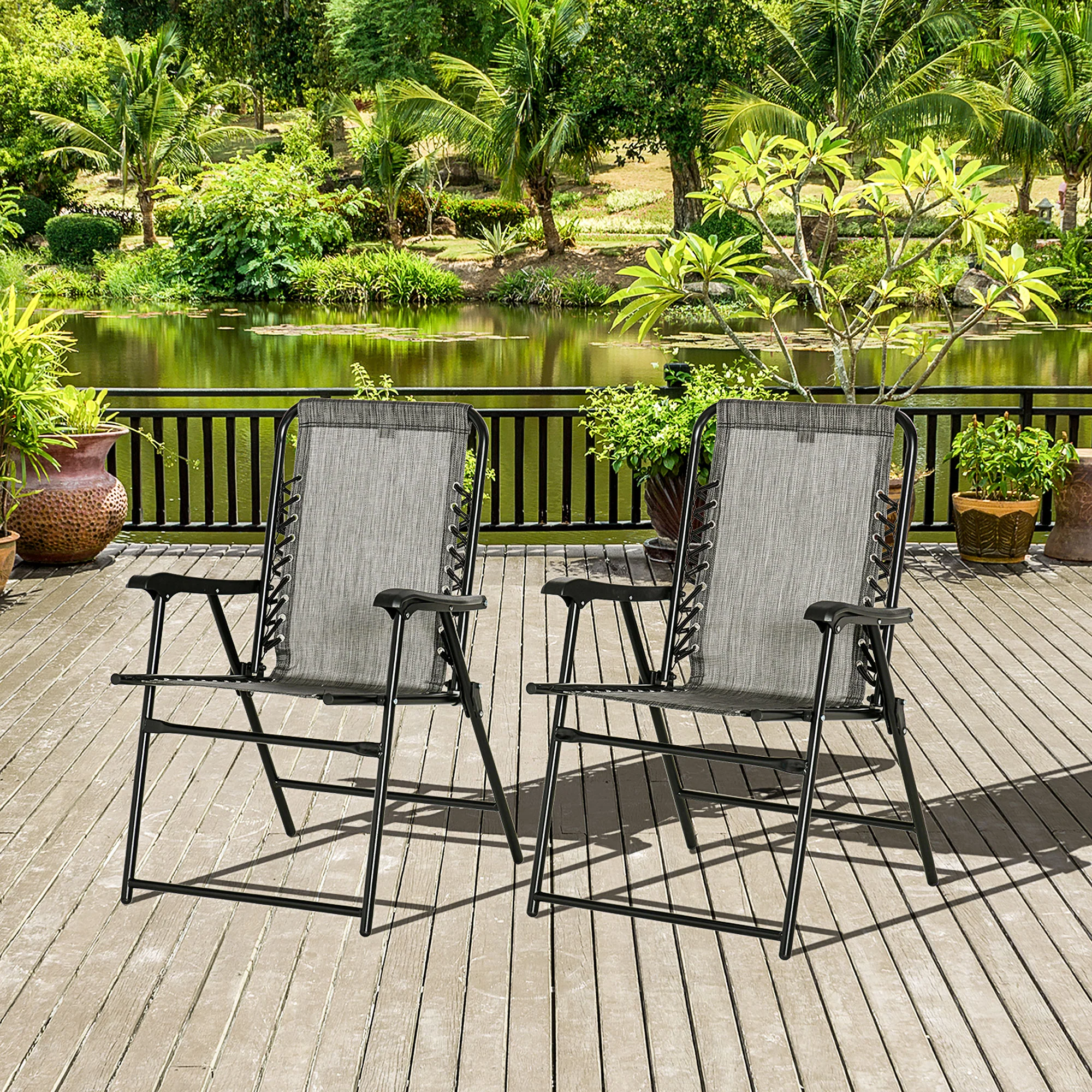 2 Pieces Outdoor Folding Chairs, Portable with Armrests, Gray - Image 4