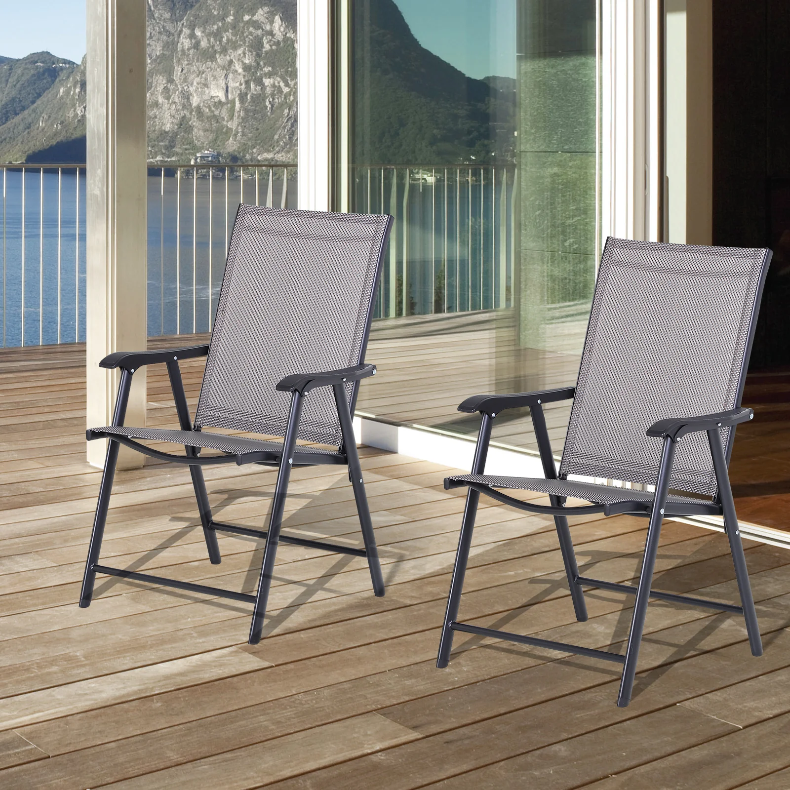 Set of 2 Stackable Outdoor Folding Chairs with Armrests, Metal Frame, Gray - Image 3