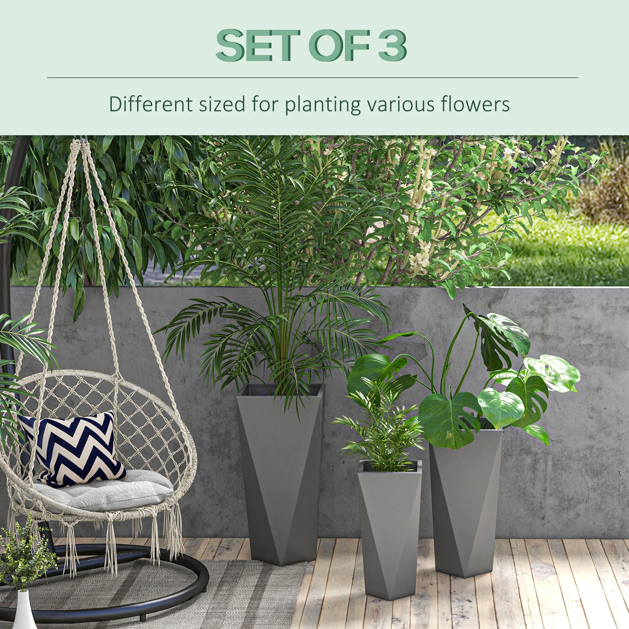 Set of 3 Tall Planters, 28.75", 24.5", 20.5", MgO Indoor Outdoor Planters with Drainage Holes, Stackable Flower Pots for Garden, Patio, Balcony, Front Door, Gray - Image 6