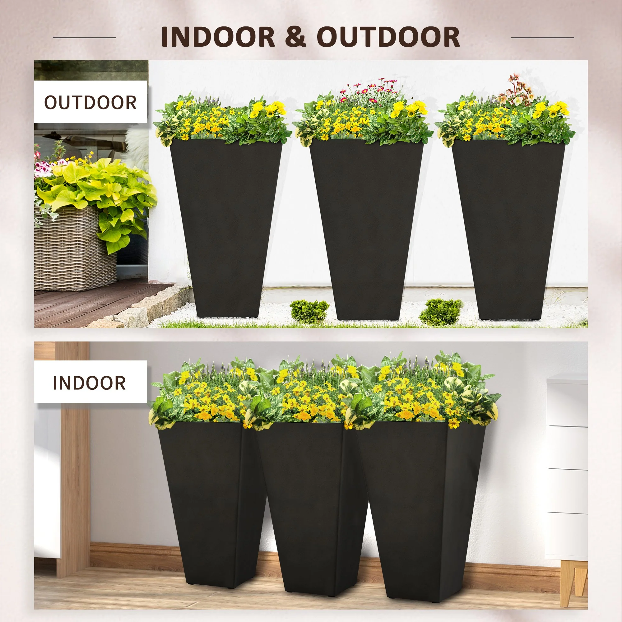 Set of 3 Tall Planters with Drainage Hole, 28" Outdoor Flower Plant Pots, Indoor Planters for Porch Patio and Deck, Black - Image 8