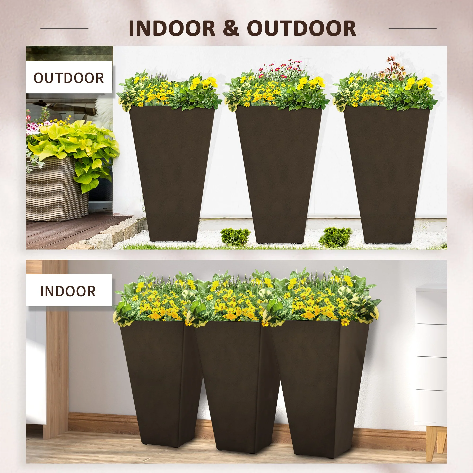 Set of 3 Tall Planters with Drainage Hole, 28" Outdoor Flower Plant Pots, Indoor Planters for Porch Patio and Deck, Brown - Image 8
